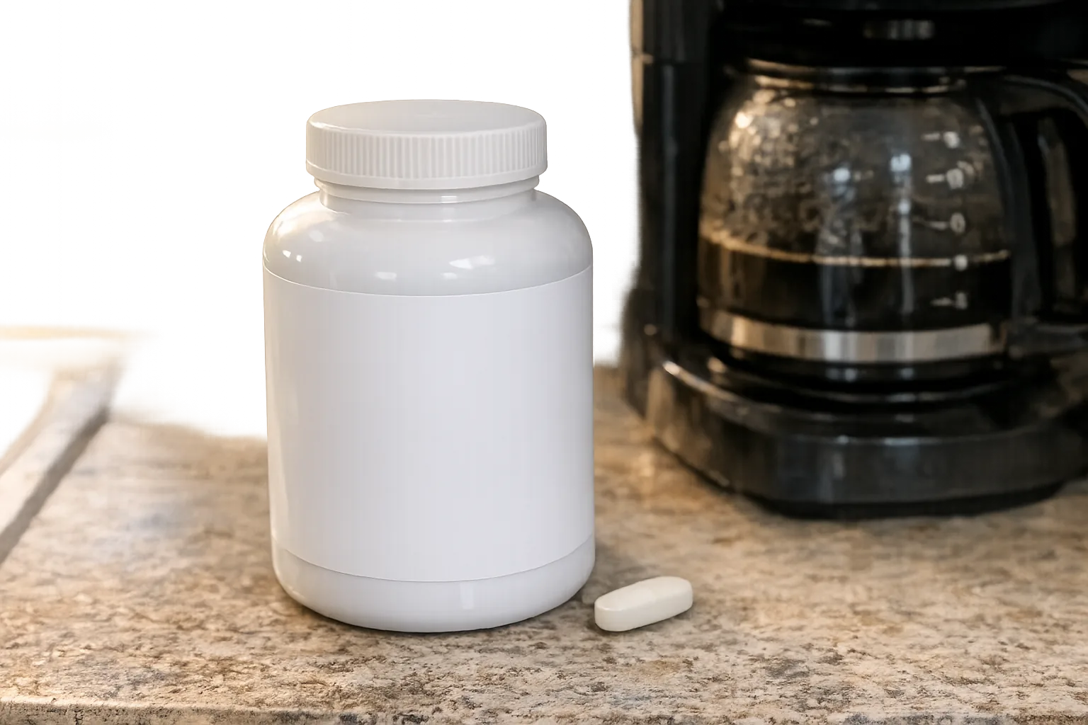 Close-up of a plain white multivitamin bottle on a kitchen counter beside a coffee maker