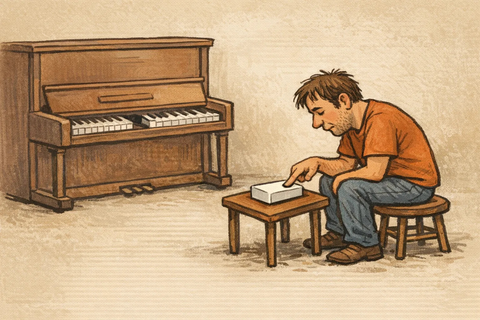 Cartoon of a person tapping one piano key that has been pulled out of the piano standing behind them