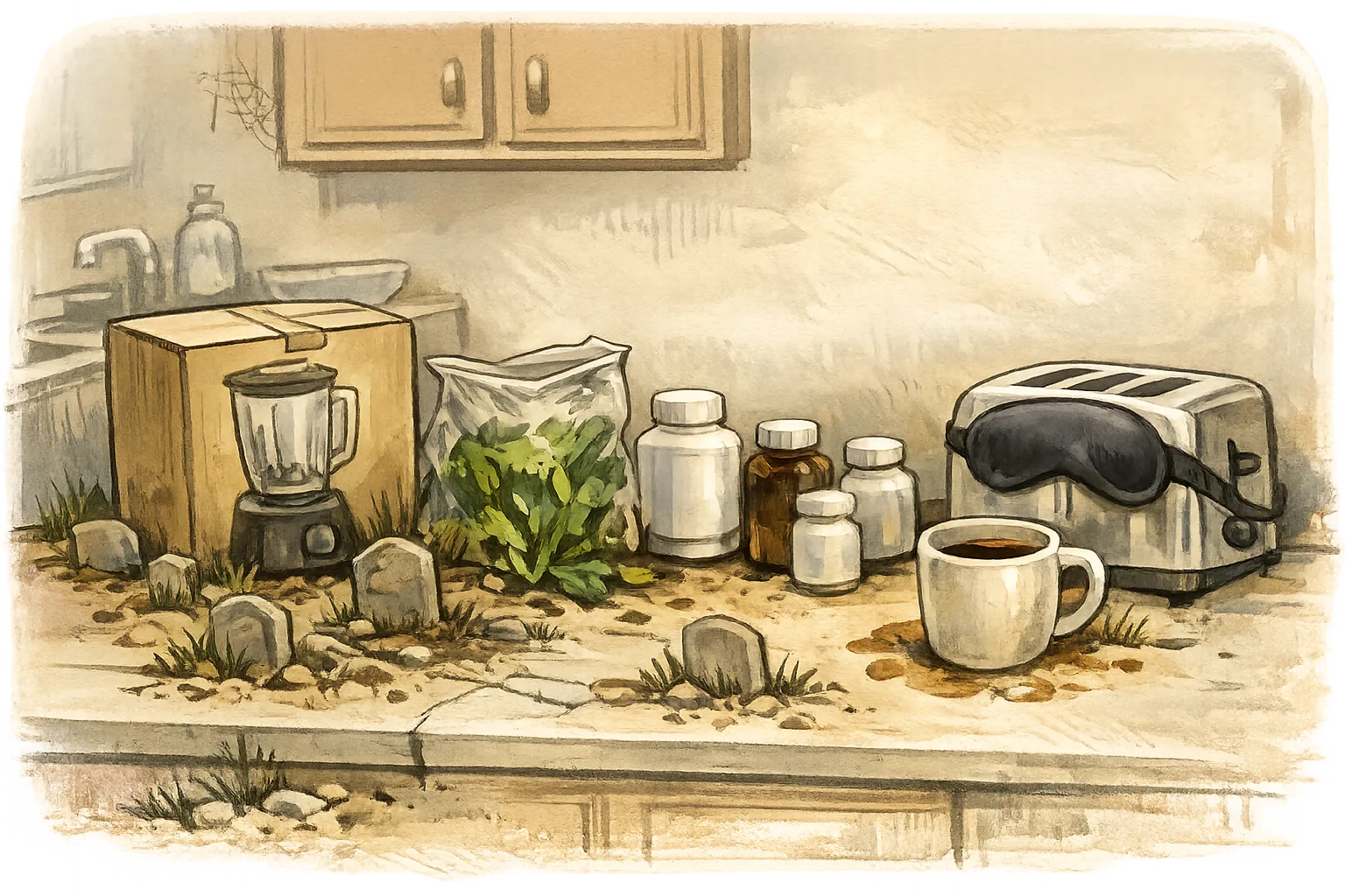Cartoon of a kitchen counter holding a boxed blender, a wilted bag of salad greens, half-used supplement bottles, a coffee cup and a sleep mask