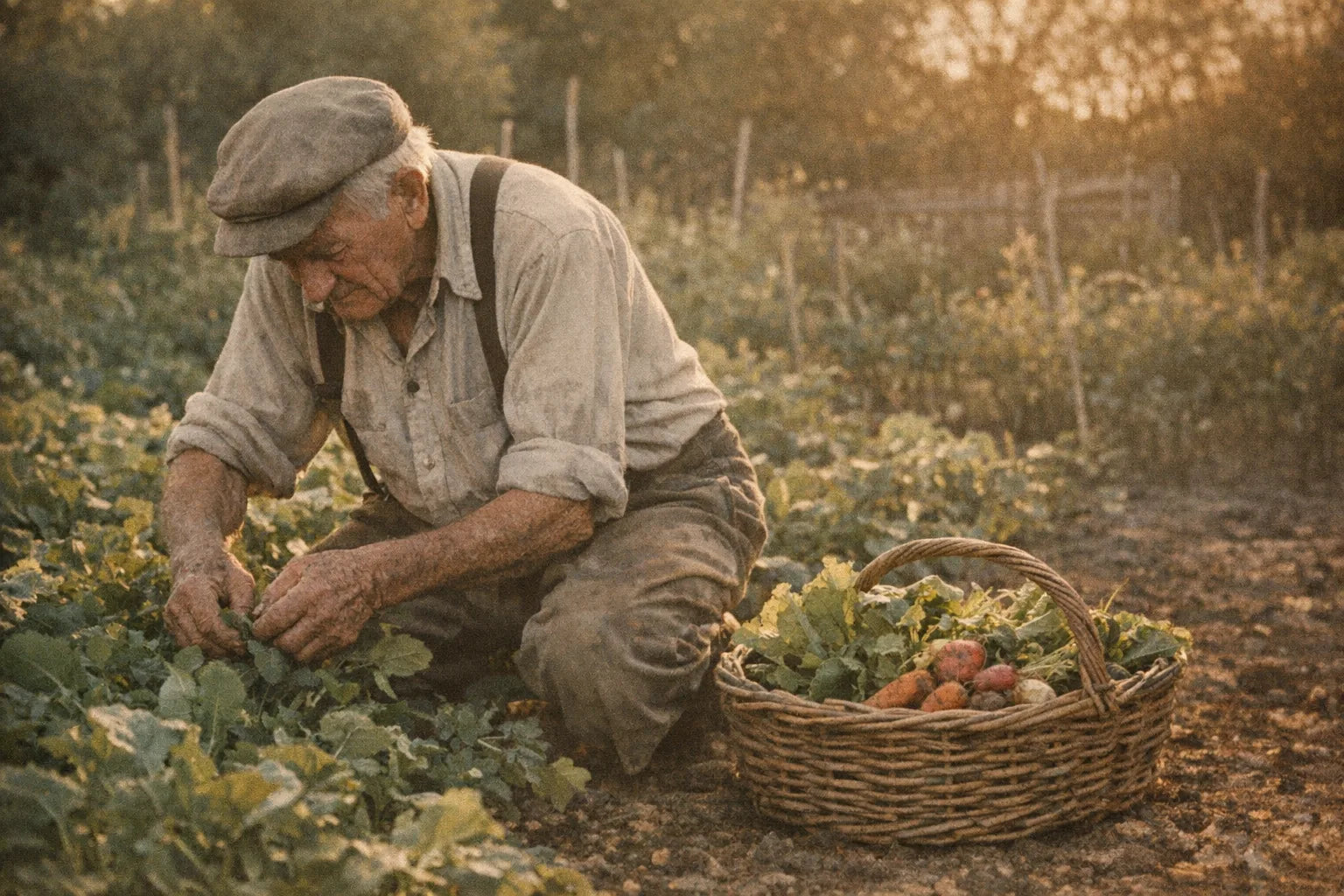 Elderly man in his eighties working a vegetable garden at golden hour with a basket of greens and root vegetables
