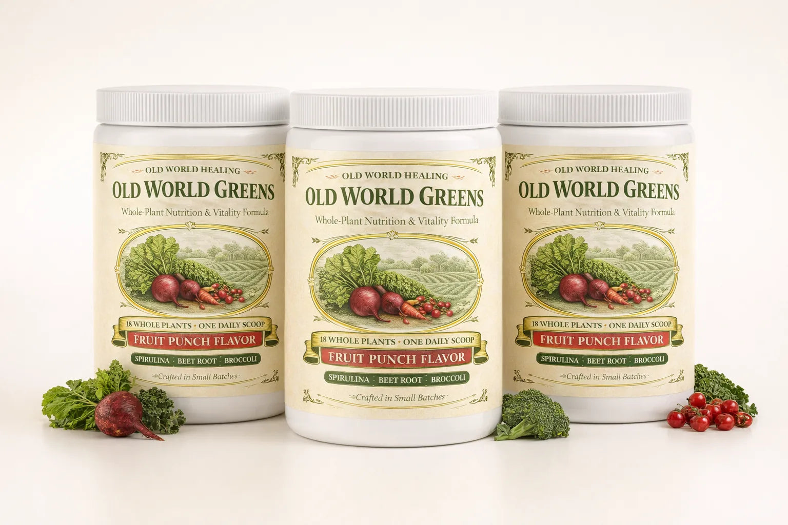 Three Old World Greens powder tubs on a cream background with fresh whole plants around them