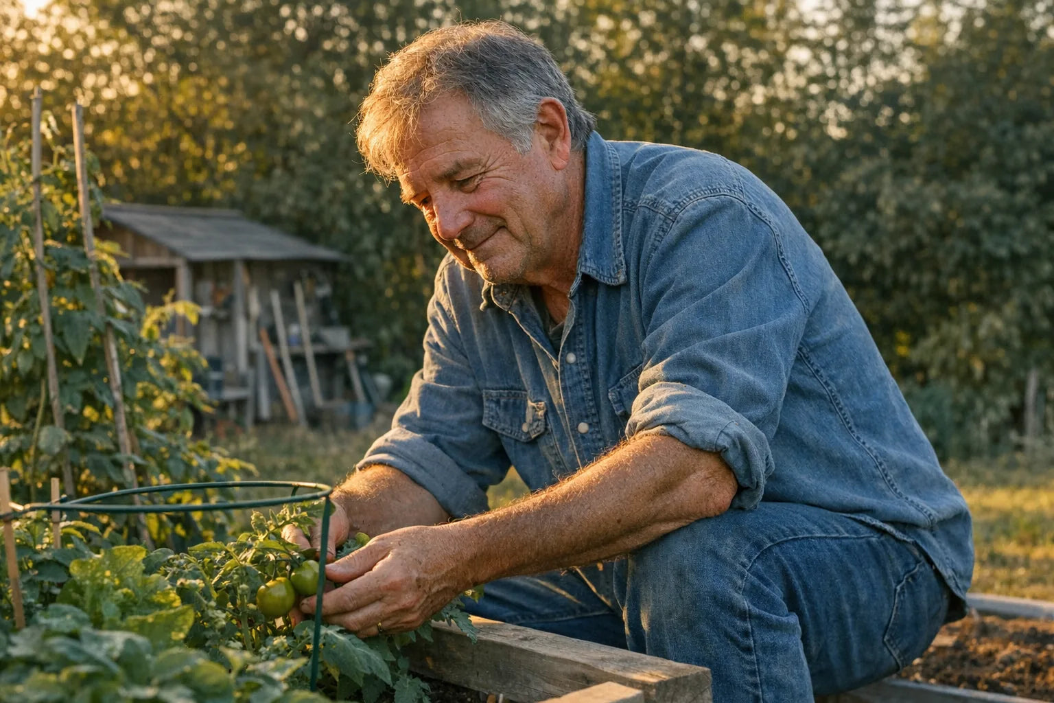 Man in his sixties working in a backyard vegetable garden in late afternoon light