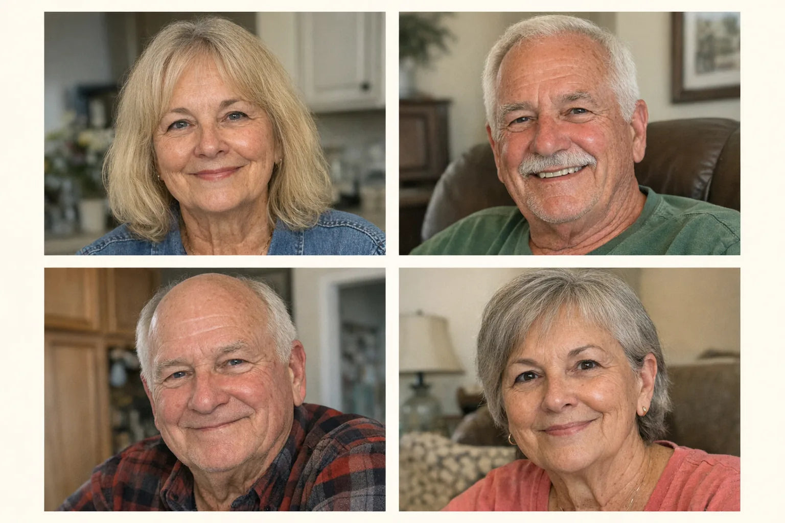 Four candid home portraits of four different people in their sixties and seventies