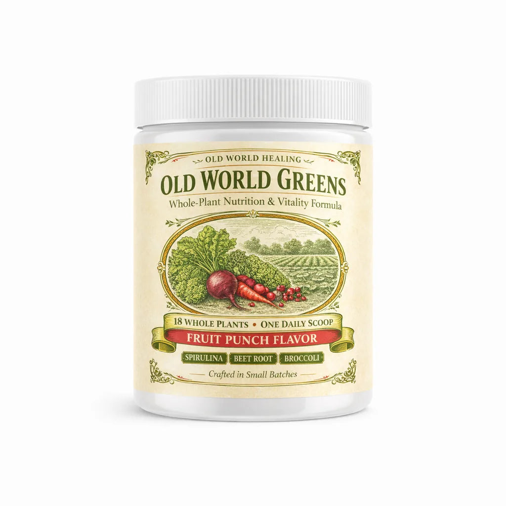 Old World Greens tub, front label