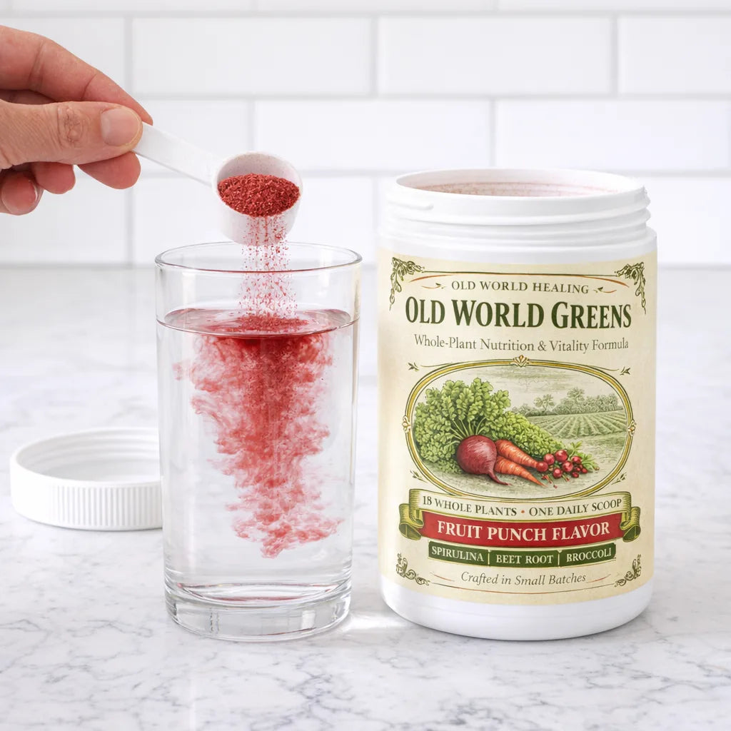 One scoop of red powder going into a glass of water