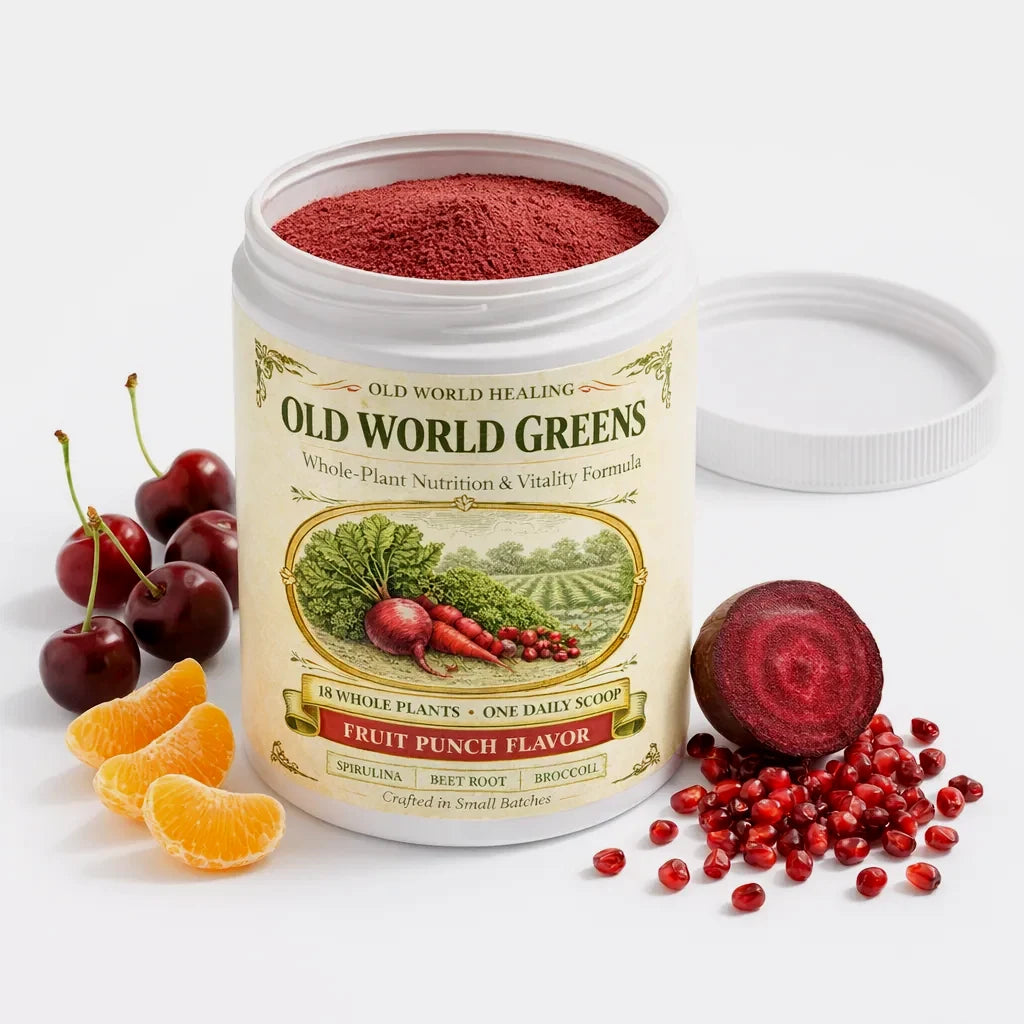 The open tub with cherries, orange, pomegranate and beet