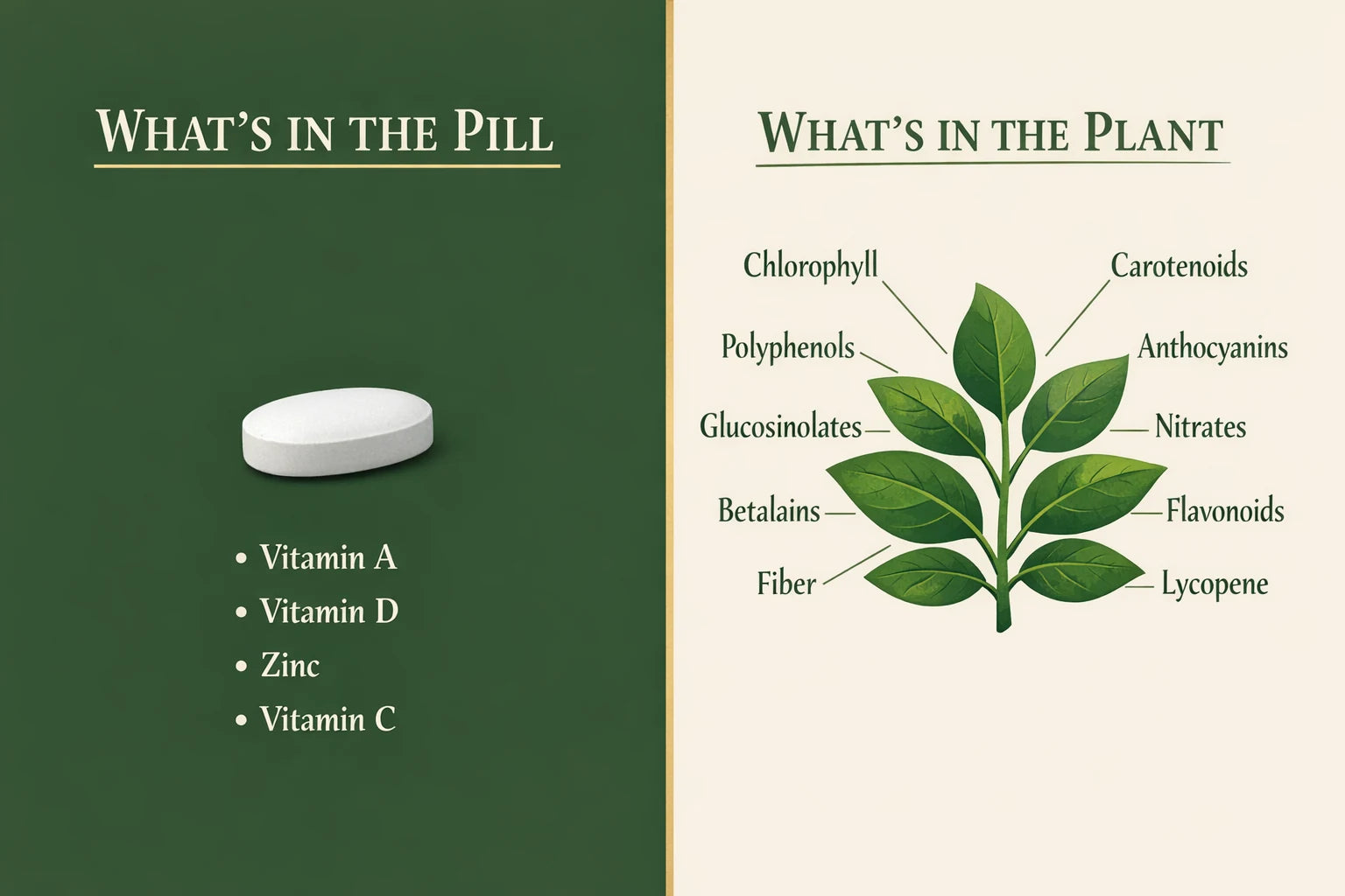 Split graphic: what is in the pill versus what is in the plant