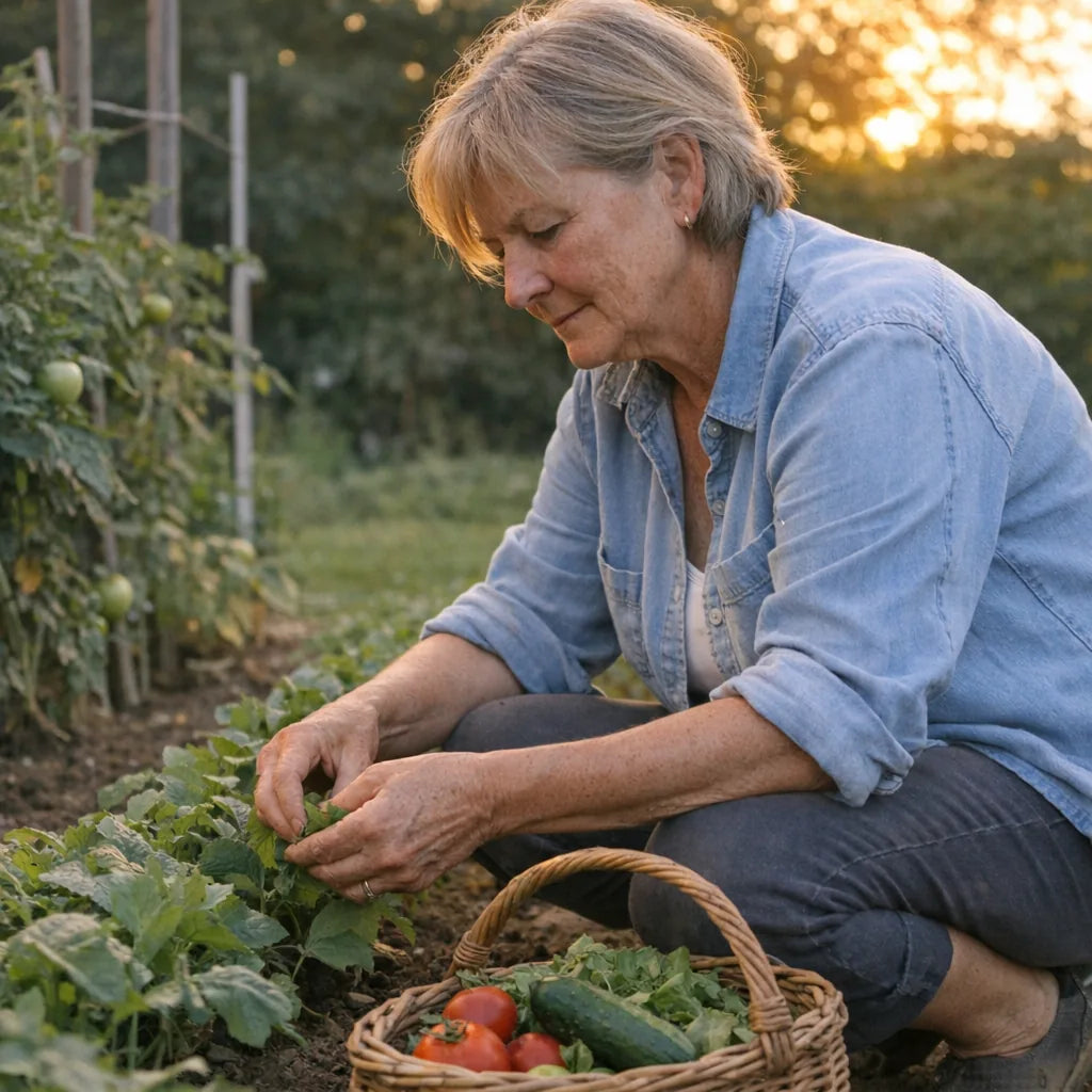 A woman in her sixties working in a backyard garden at dusk