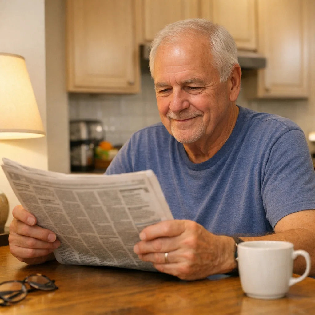A man in his late sixties reading at the kitchen table after supper