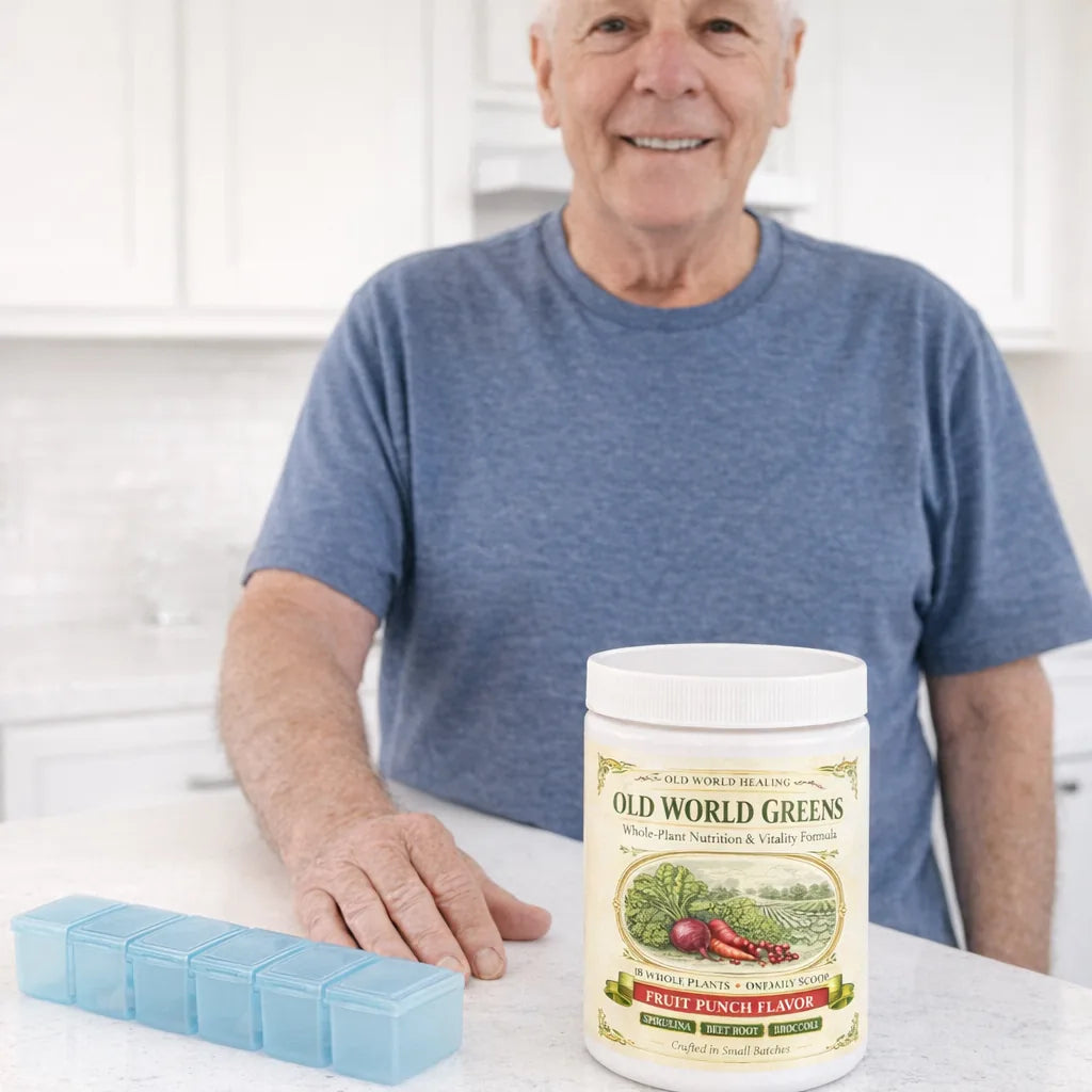 A man in his seventies at the counter with a pill organizer pushed aside and the tub in front of him