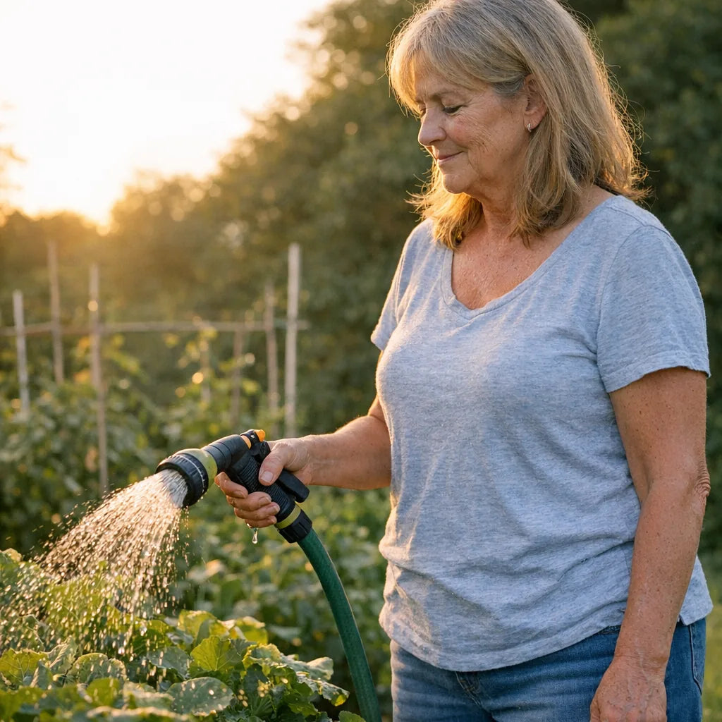 A woman in her late fifties watering a garden at last light