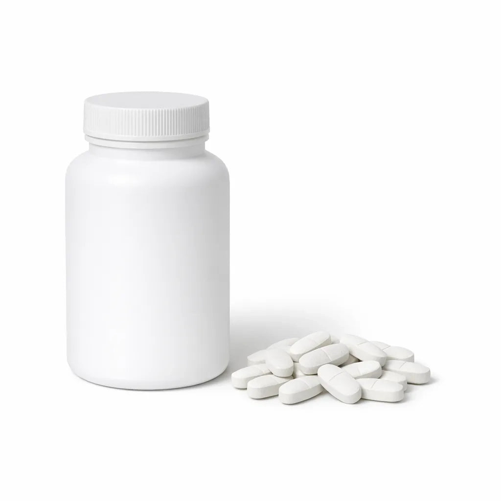 A plain unbranded white supplement bottle with spilled tablets