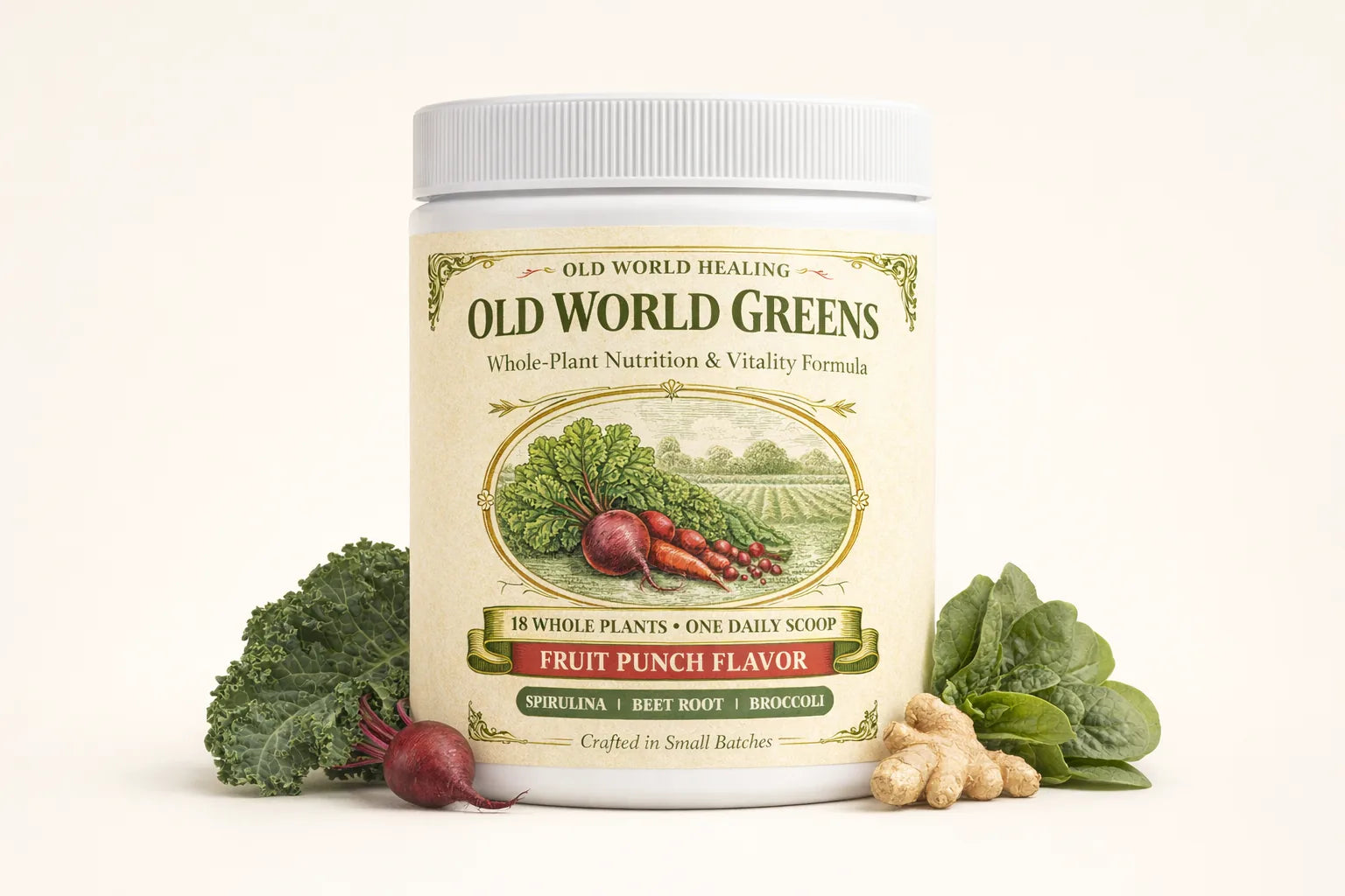 The Old World Greens tub with fresh whole plants around it