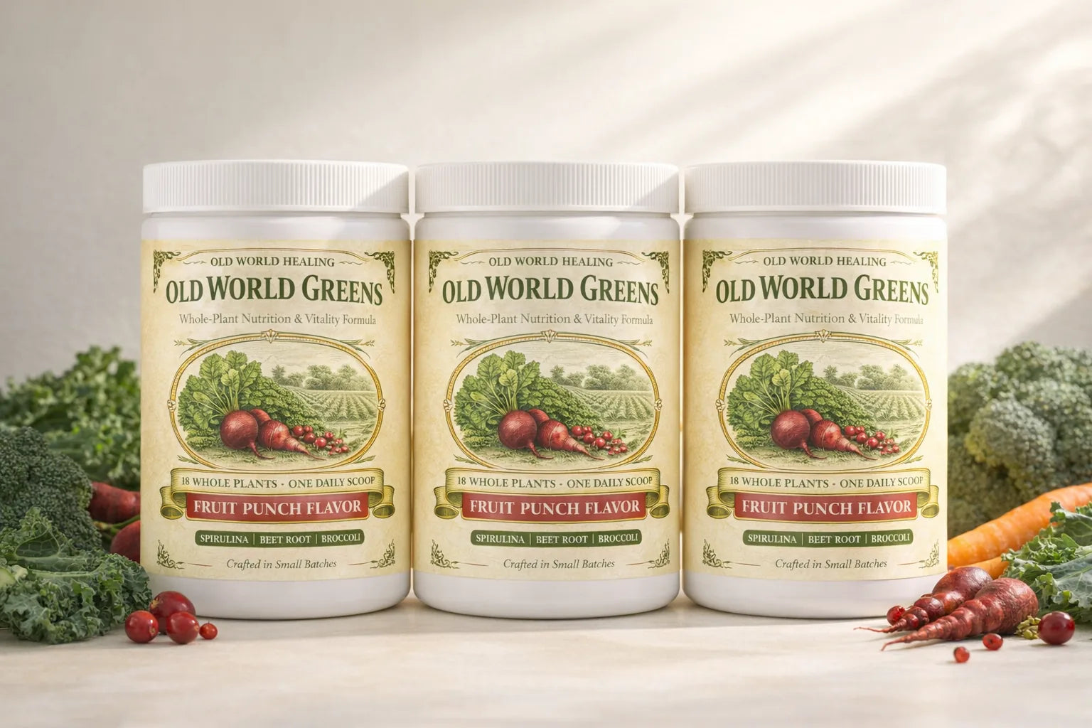 Three Old World Greens tubs with fresh plants