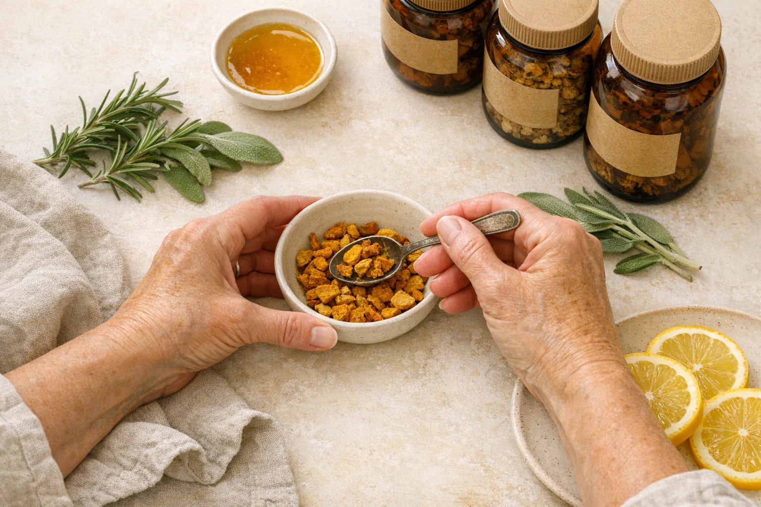 Hands preparing herbal remedies on a kitchen counter