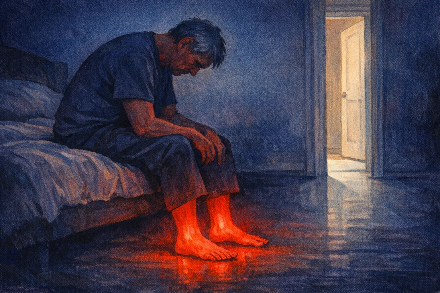 Illustration of an older person sitting on the edge of a bed in a dark room with the feet and lower calves glowing hot red