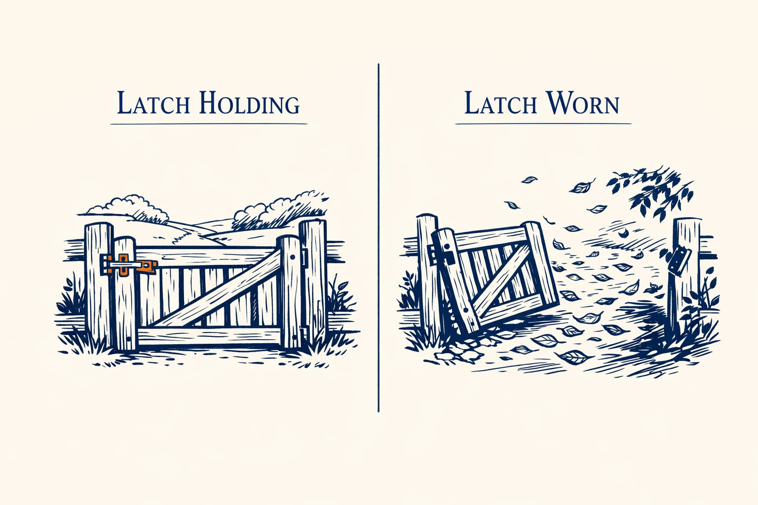 Infographic showing a garden gate with the latch holding beside the same gate hanging open with the latch worn