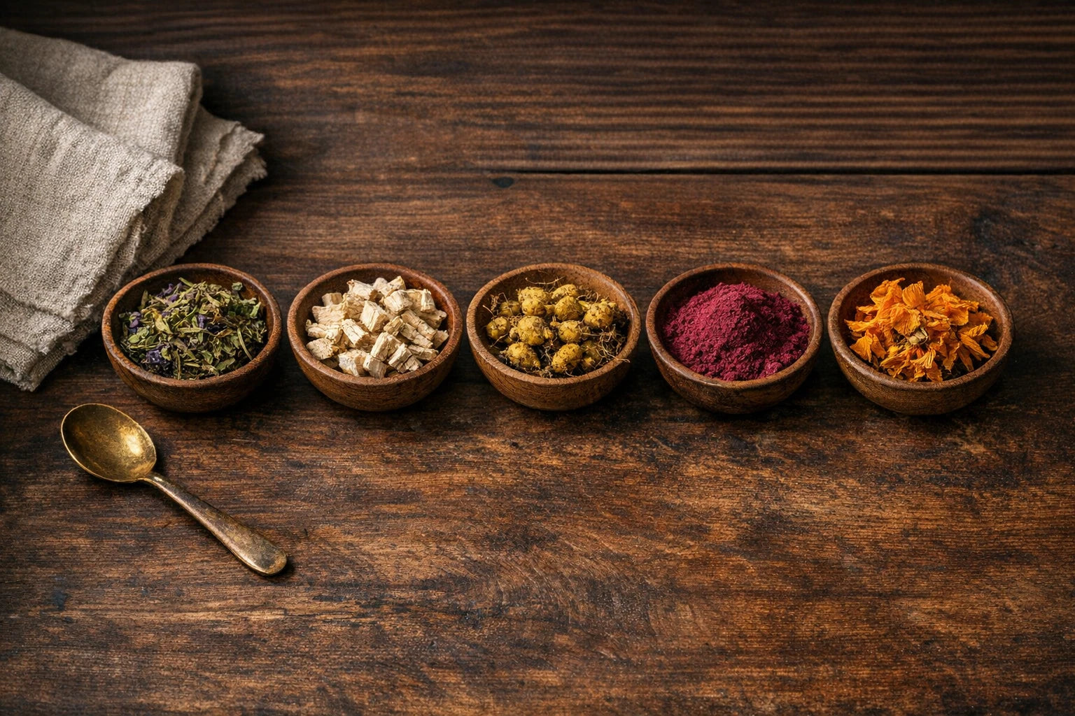 Overhead flat-lay of five wooden bowls holding passionflower, marshmallow root, corydalis, prickly pear extract and California poppy