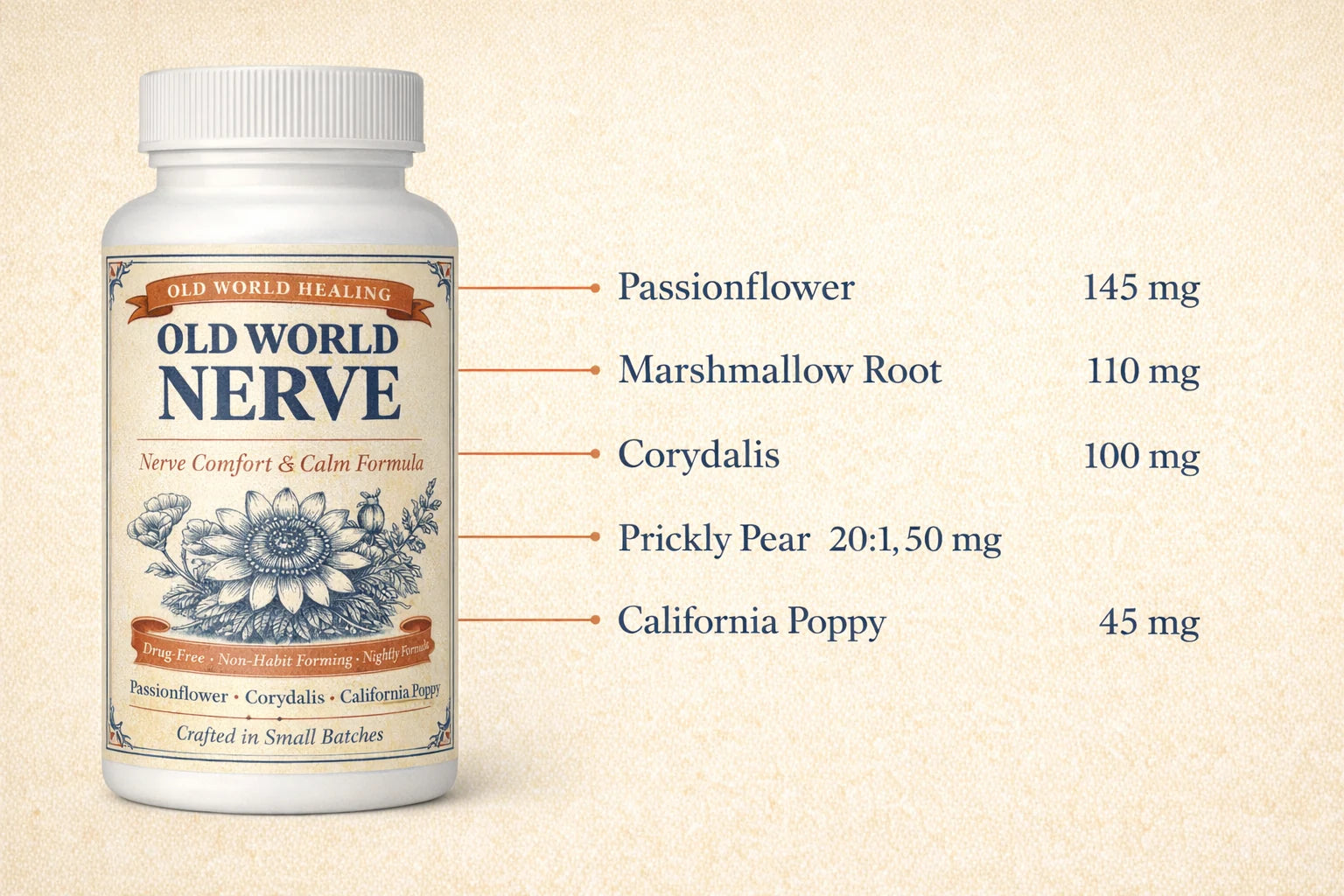 Feature breakdown infographic with the Old World Nerve bottle and five ingredient callouts