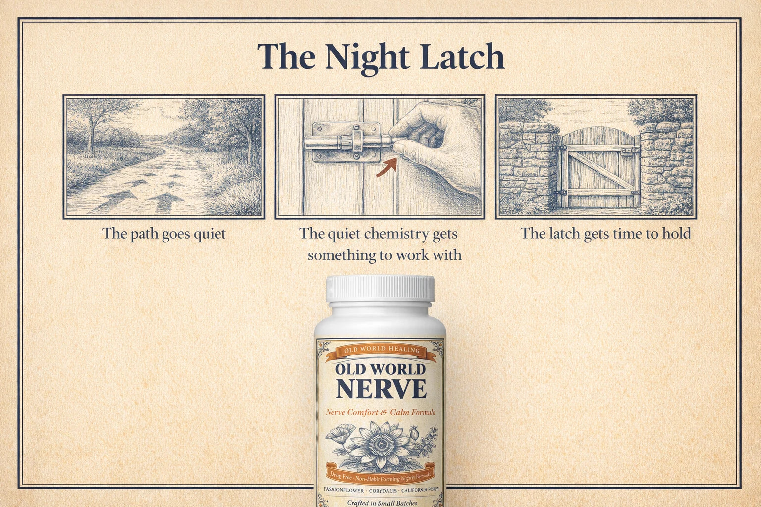 Three-panel mechanism infographic titled The Night Latch with the Old World Nerve bottle at the centre