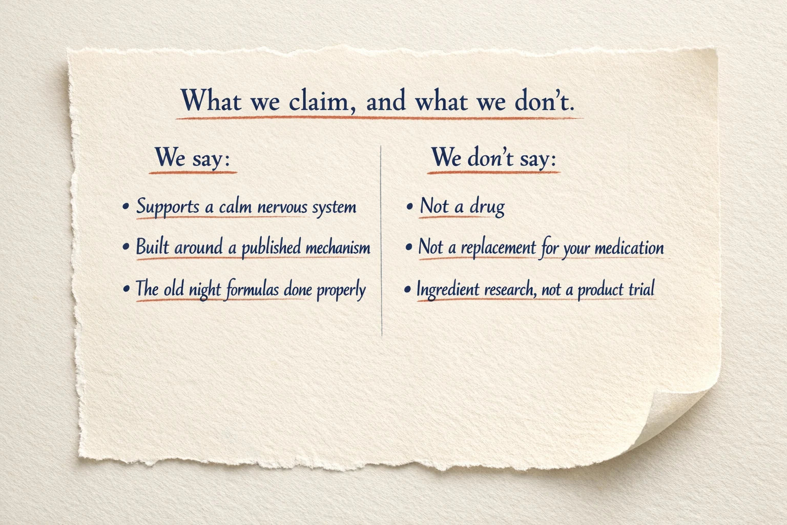 Torn cream notepad graphic headed What we claim, and what we don't, with two short columns