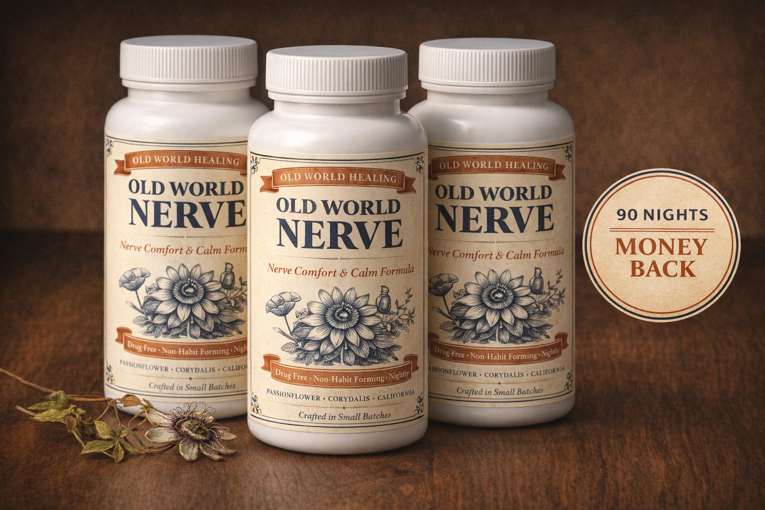 Three bottles of Old World Nerve with a ninety nights money back seal on warm walnut