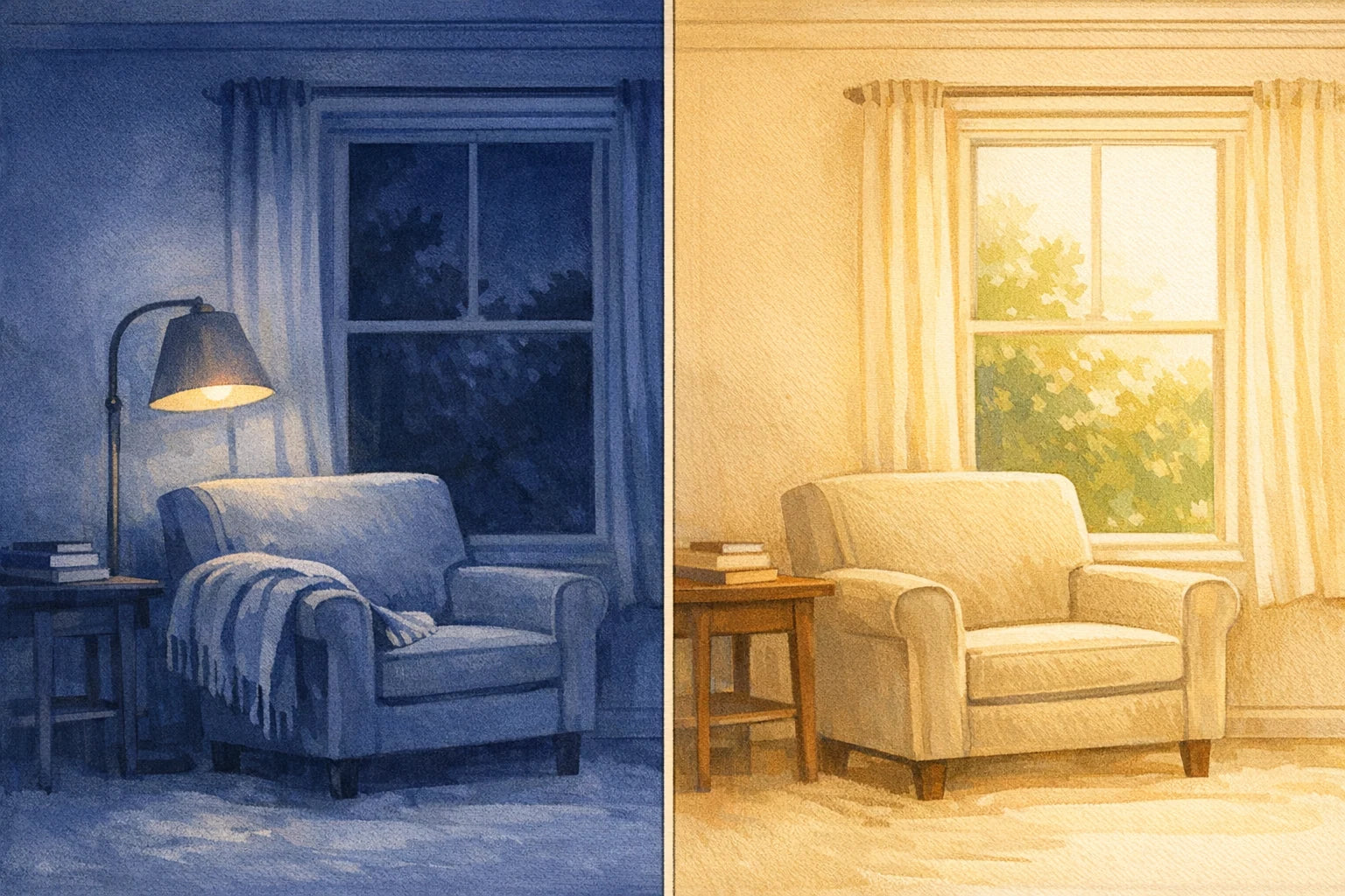 Split-screen illustration: a lamp still on beside an empty armchair at 3 a.m. on the left, the same room in morning light on the right