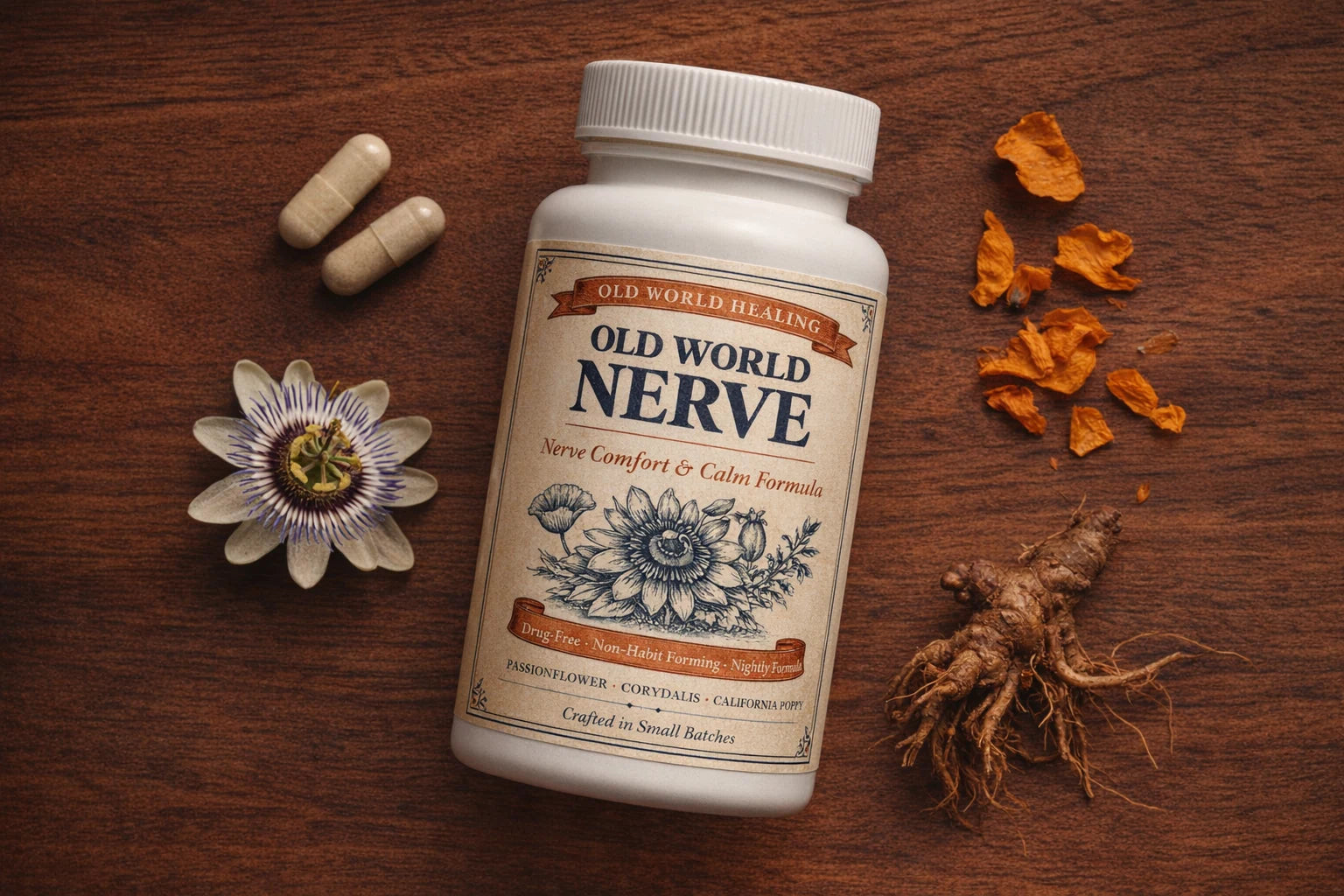 What arrives: the bottle, two capsules and the five botanicals