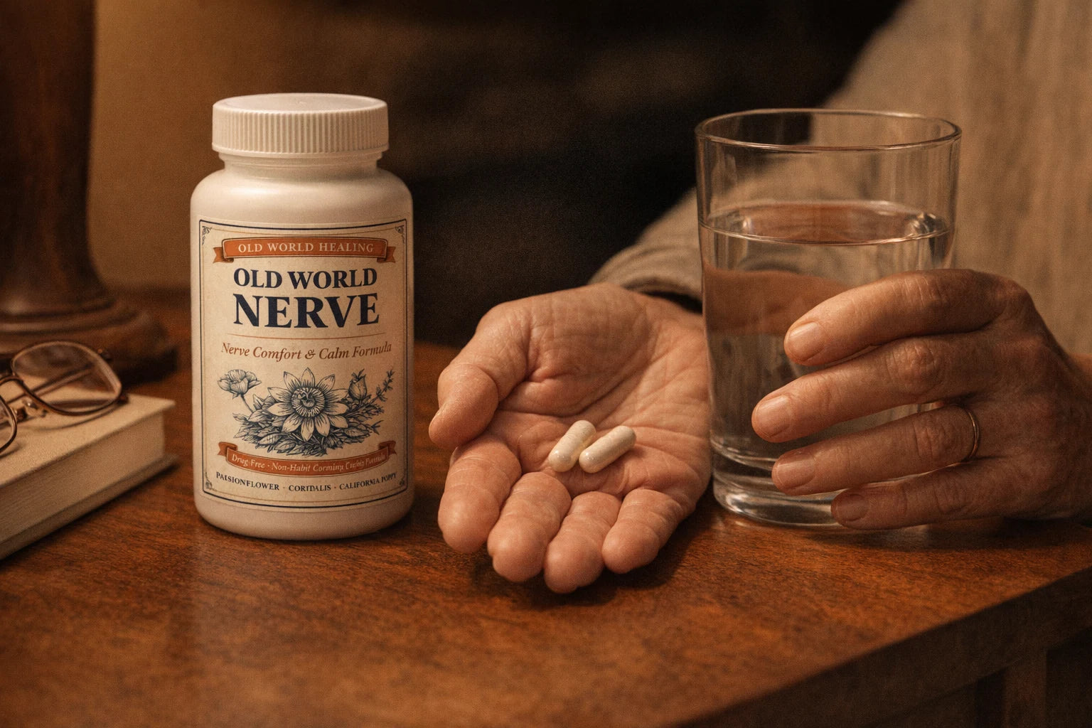 Two capsules with a glass of water in the evening