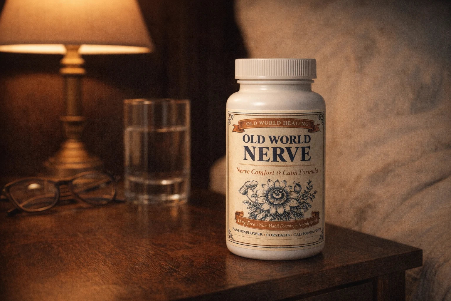 The bottle on a nightstand beside a reading lamp