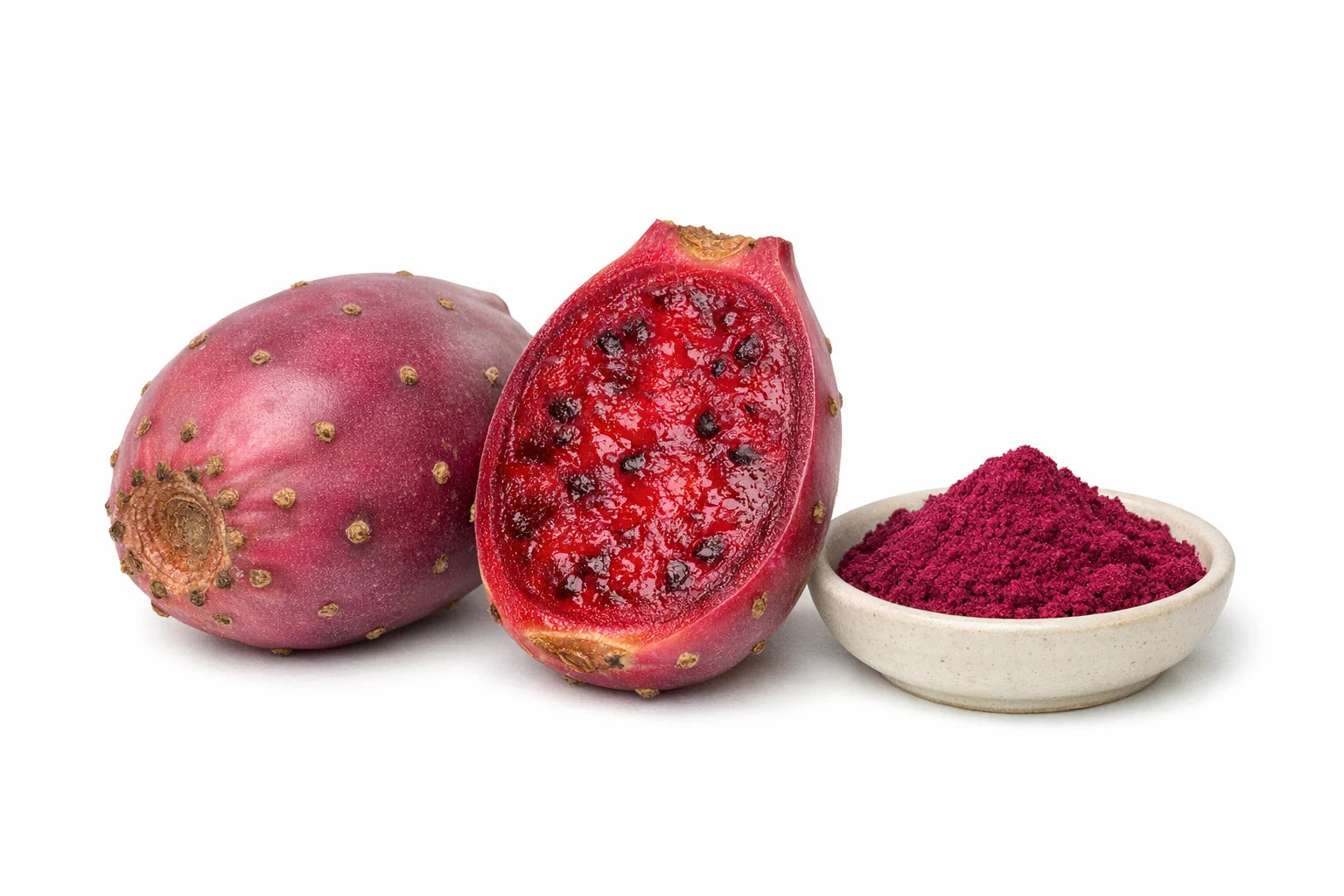 A prickly pear fruit cut open beside its extract powder