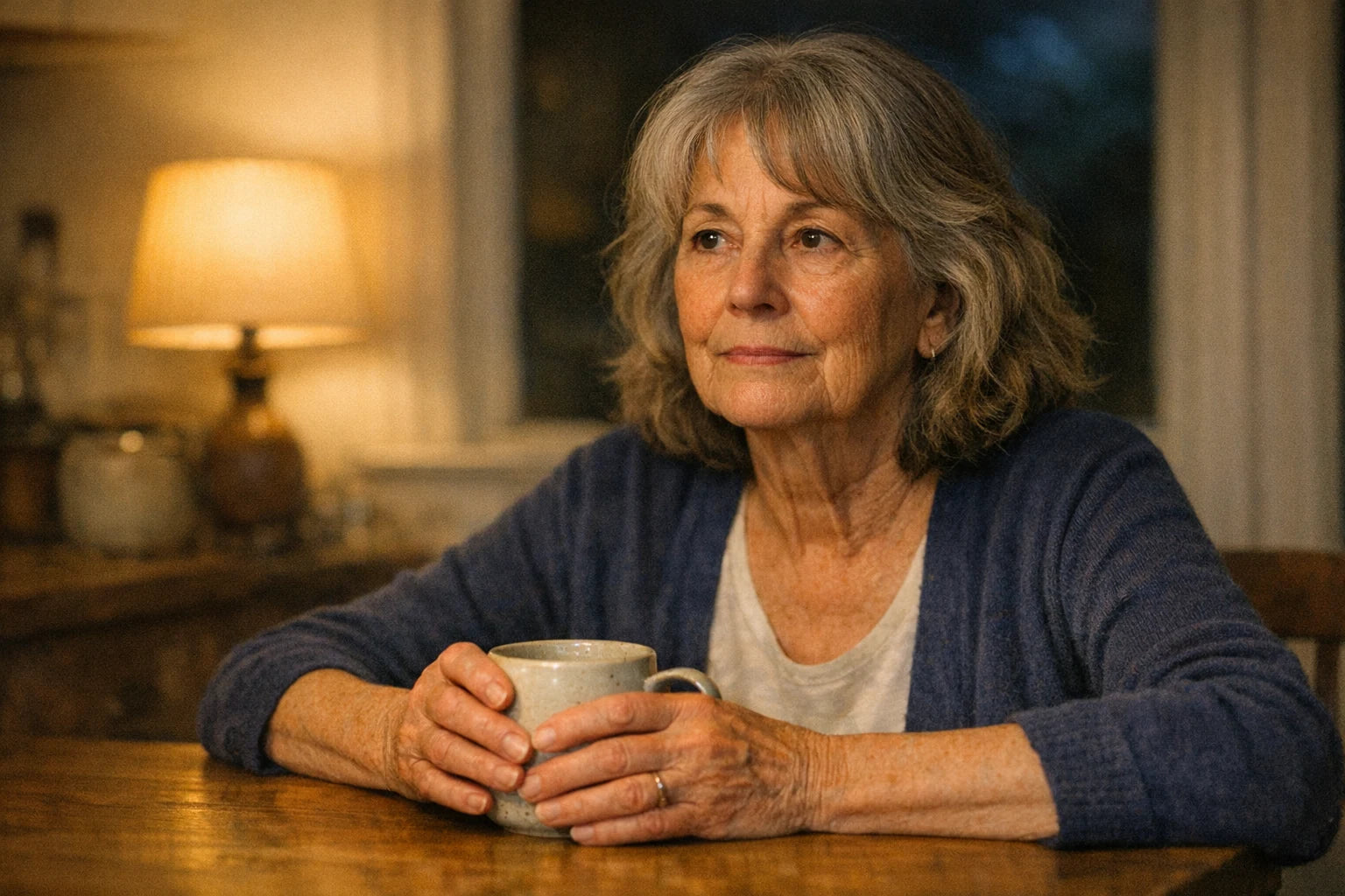 A woman in her early seventies at a kitchen table in the evening