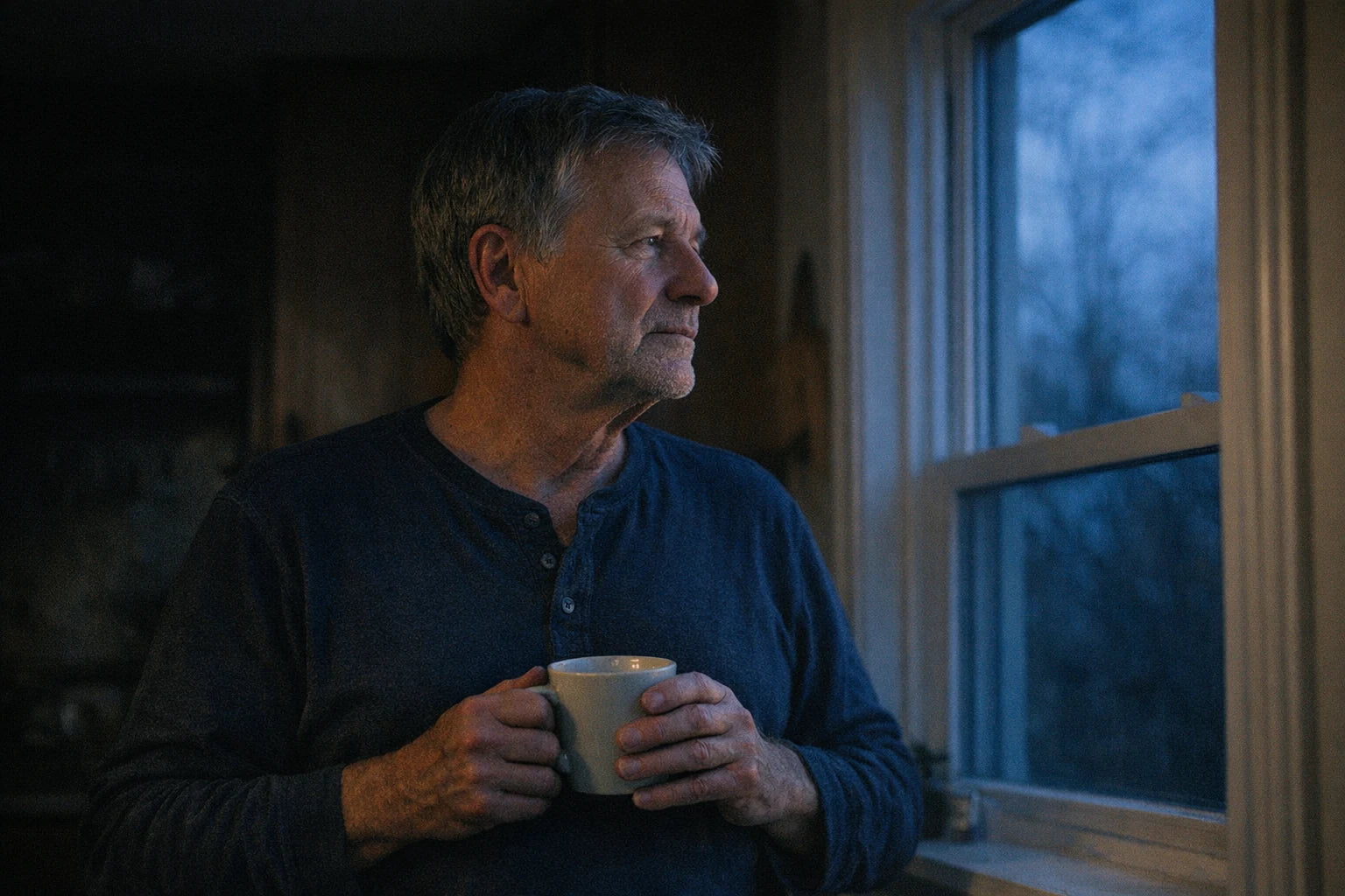 A man in his mid sixties at a kitchen window before dawn
