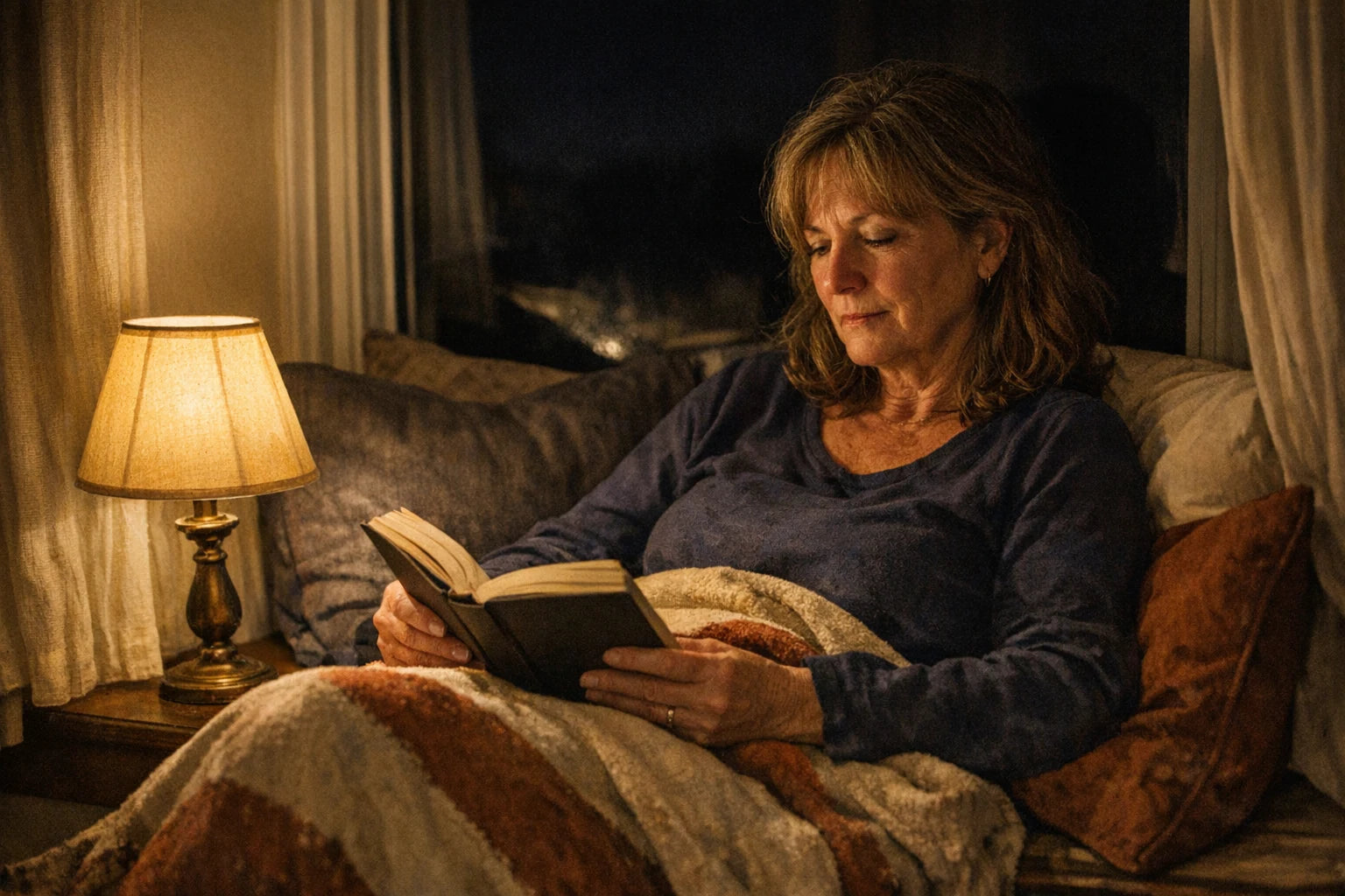 A woman in her late fifties reading at a window seat at night