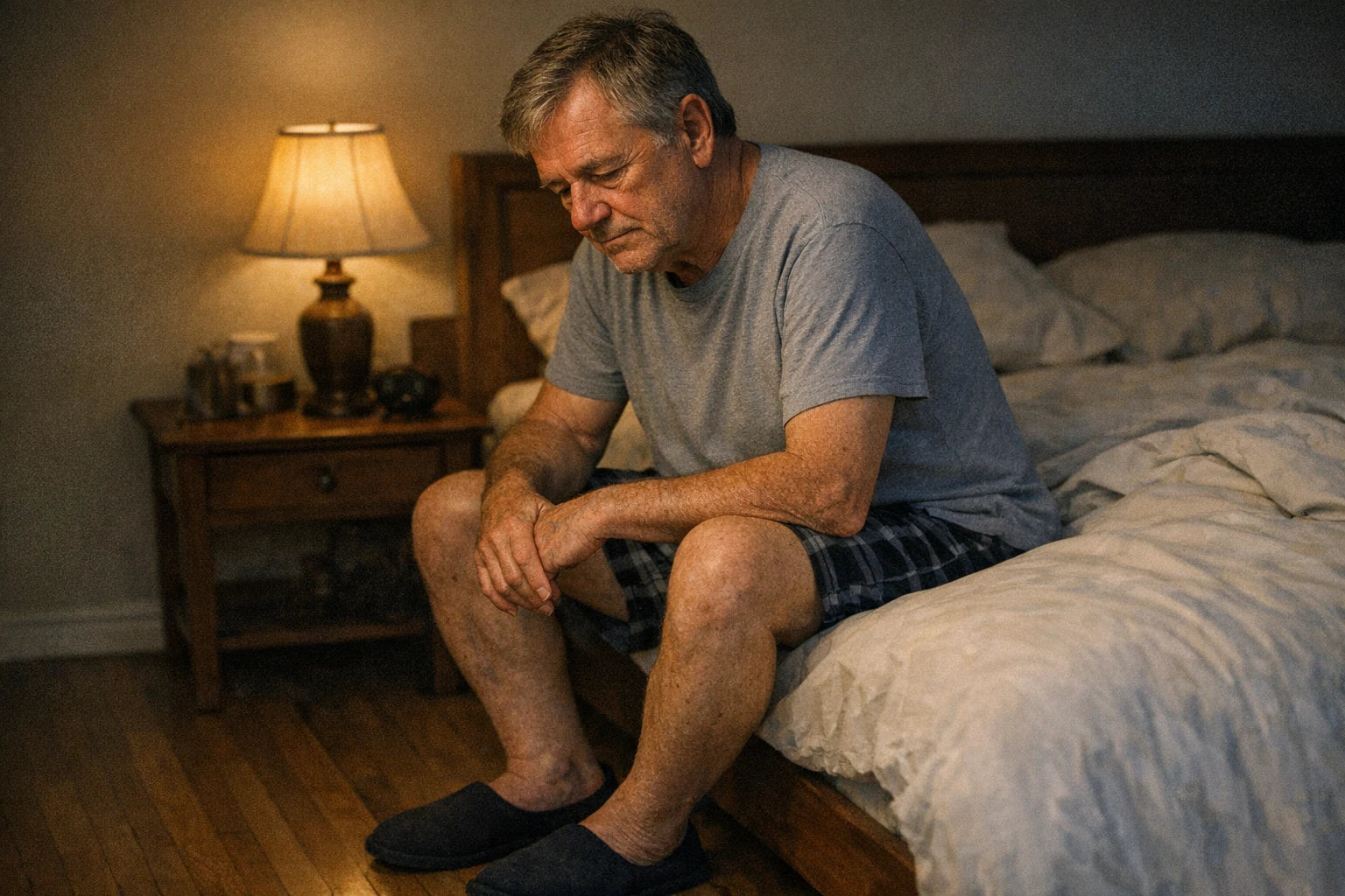 A man in his late sixties sitting on the edge of a bed at night