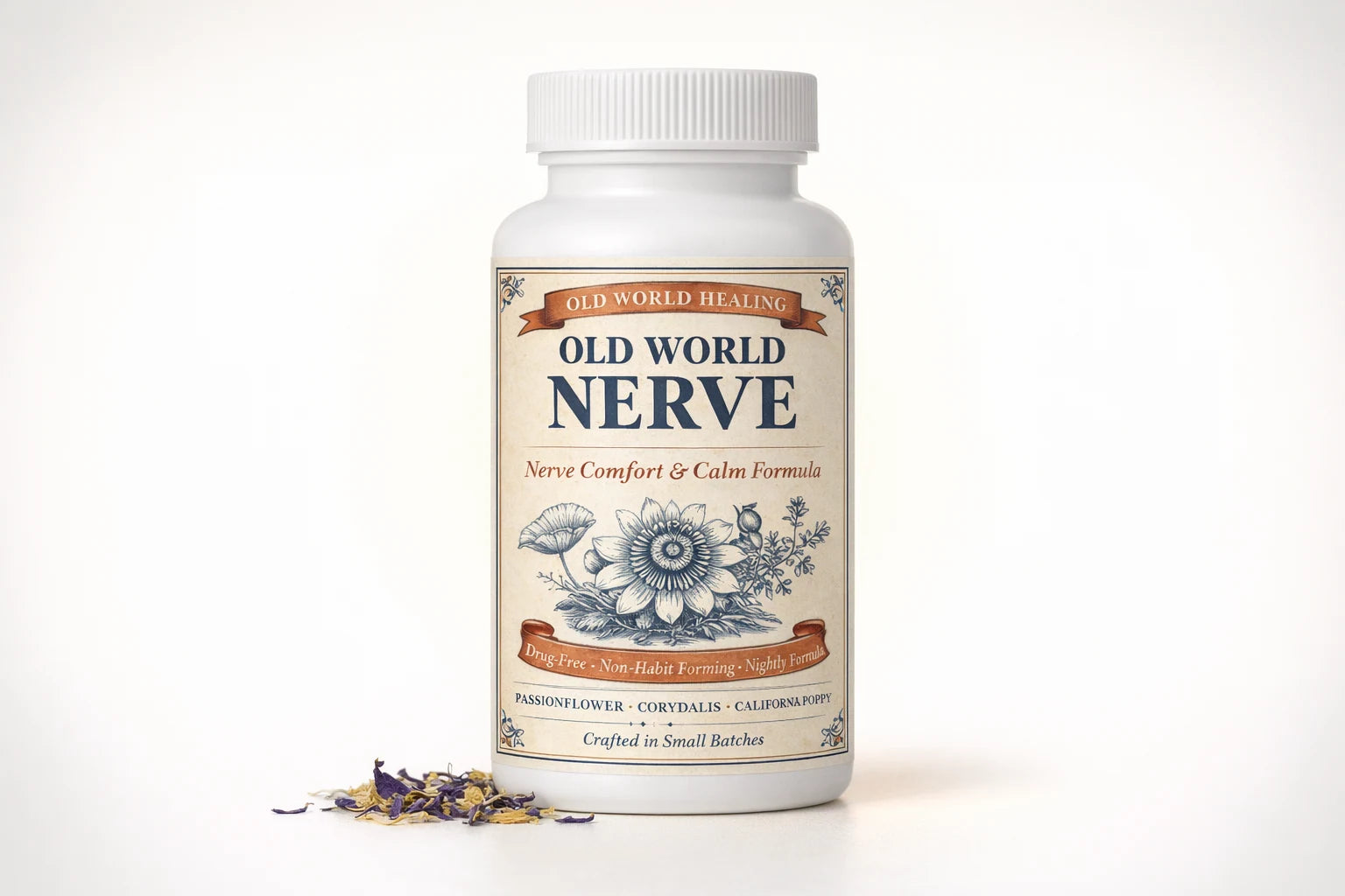 The Old World Nerve bottle with dried passionflower