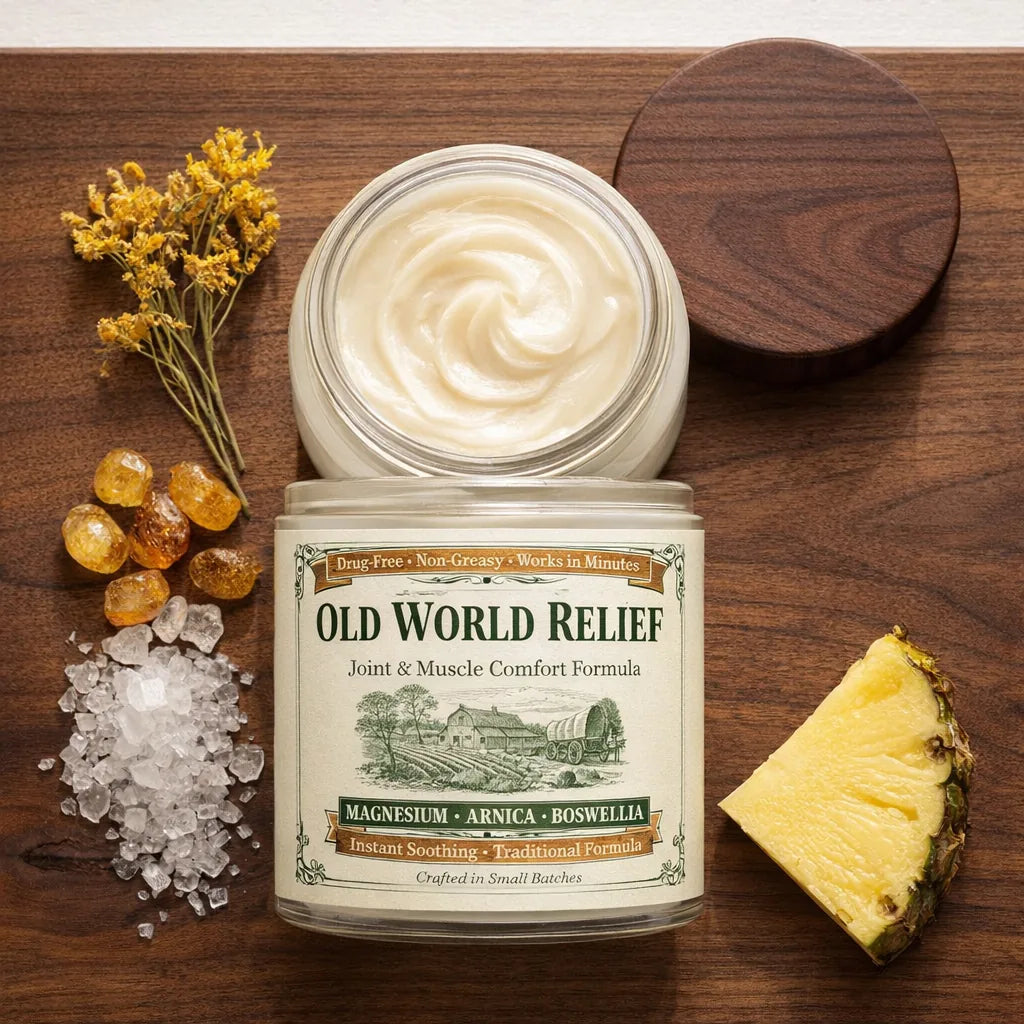 What arrives: the open jar with its wood lid, arnica flowers, boswellia resin, mineral crystals and pineapple