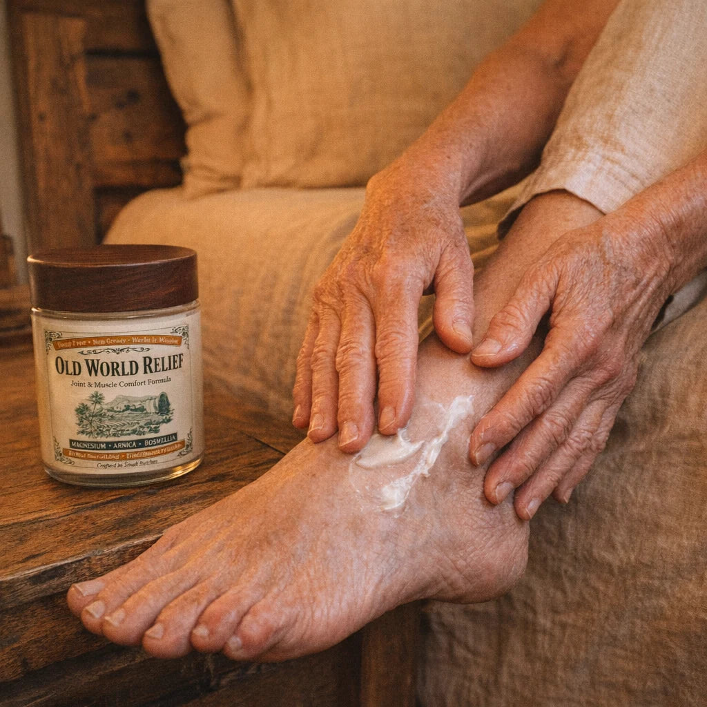 Hands massaging Old World Relief into a foot and ankle