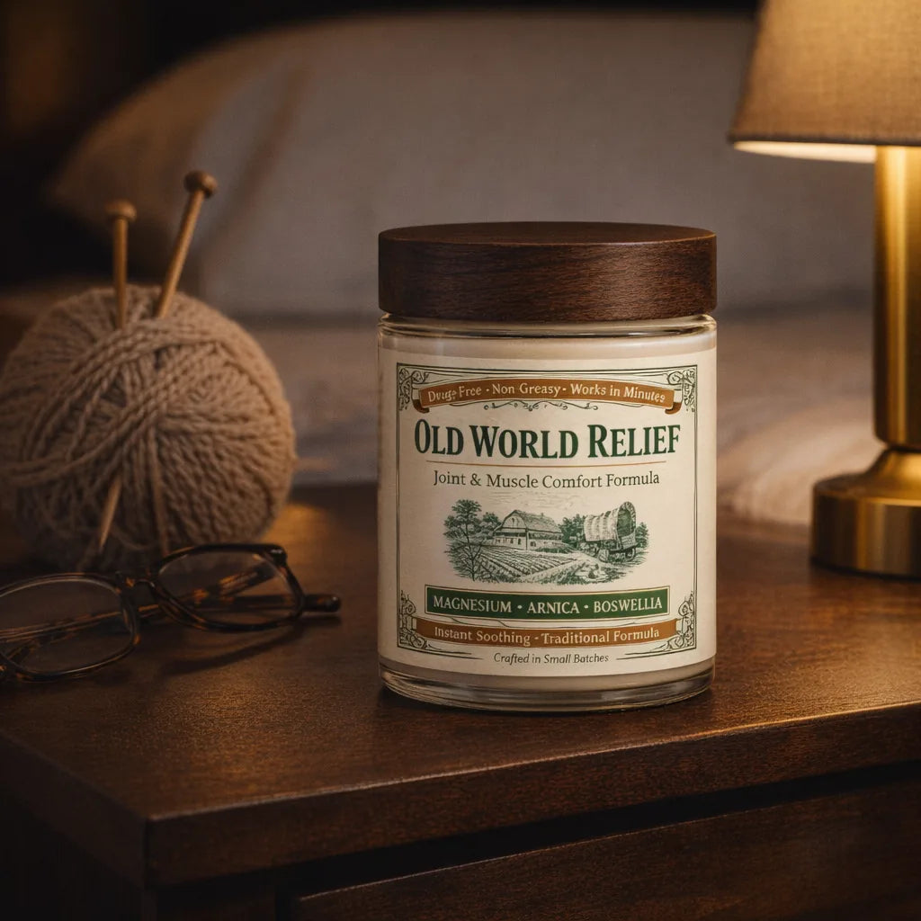 The jar on a nightstand beside a brass lamp and reading glasses