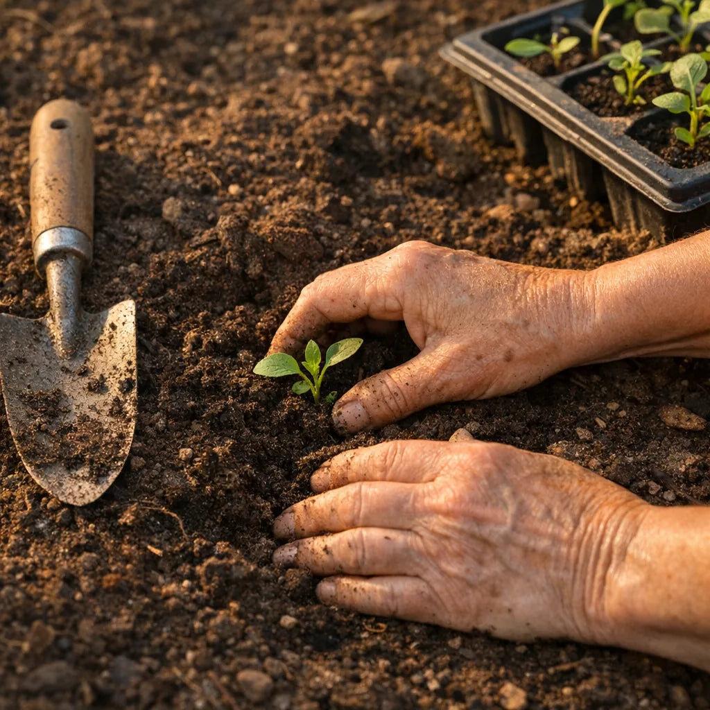 Older hands working in dark garden soil beside a trowel and a seedling tray