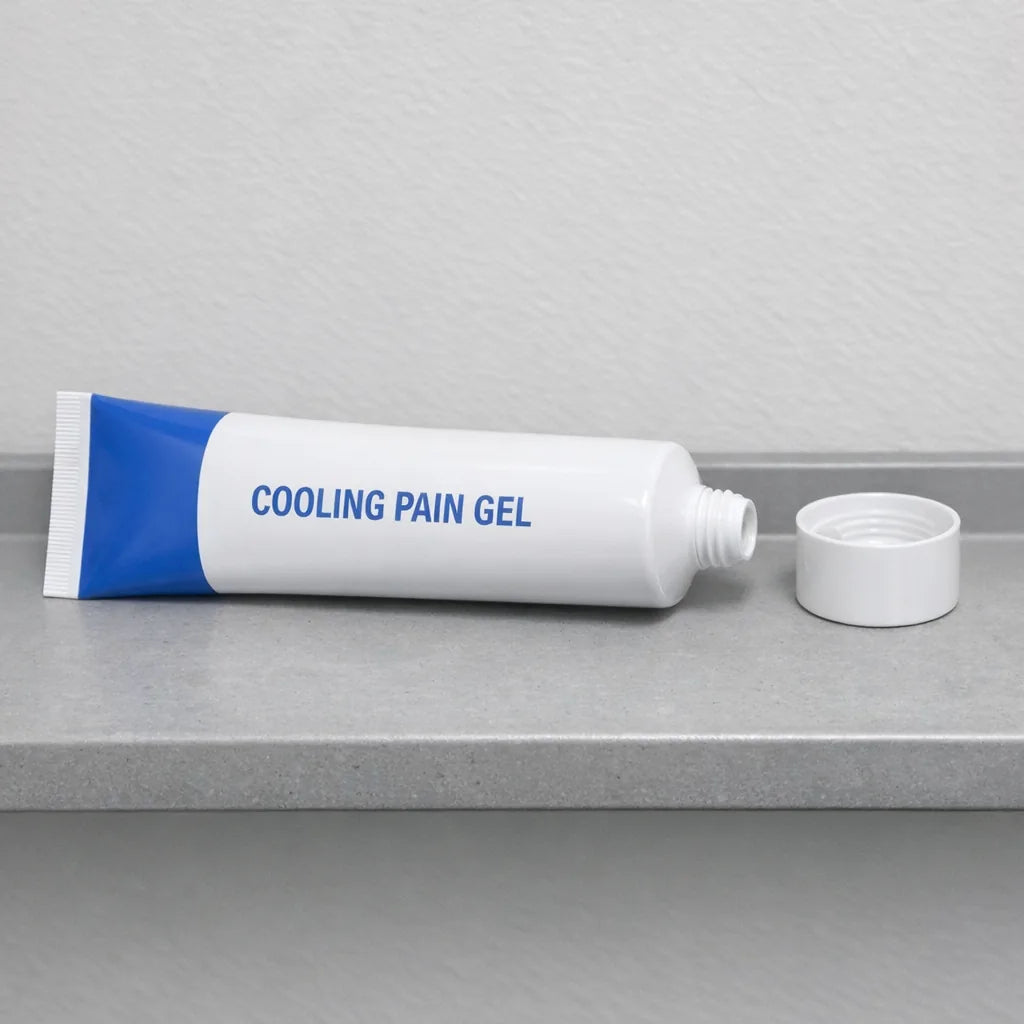 A generic blue and white cooling pain gel tube on a bathroom shelf