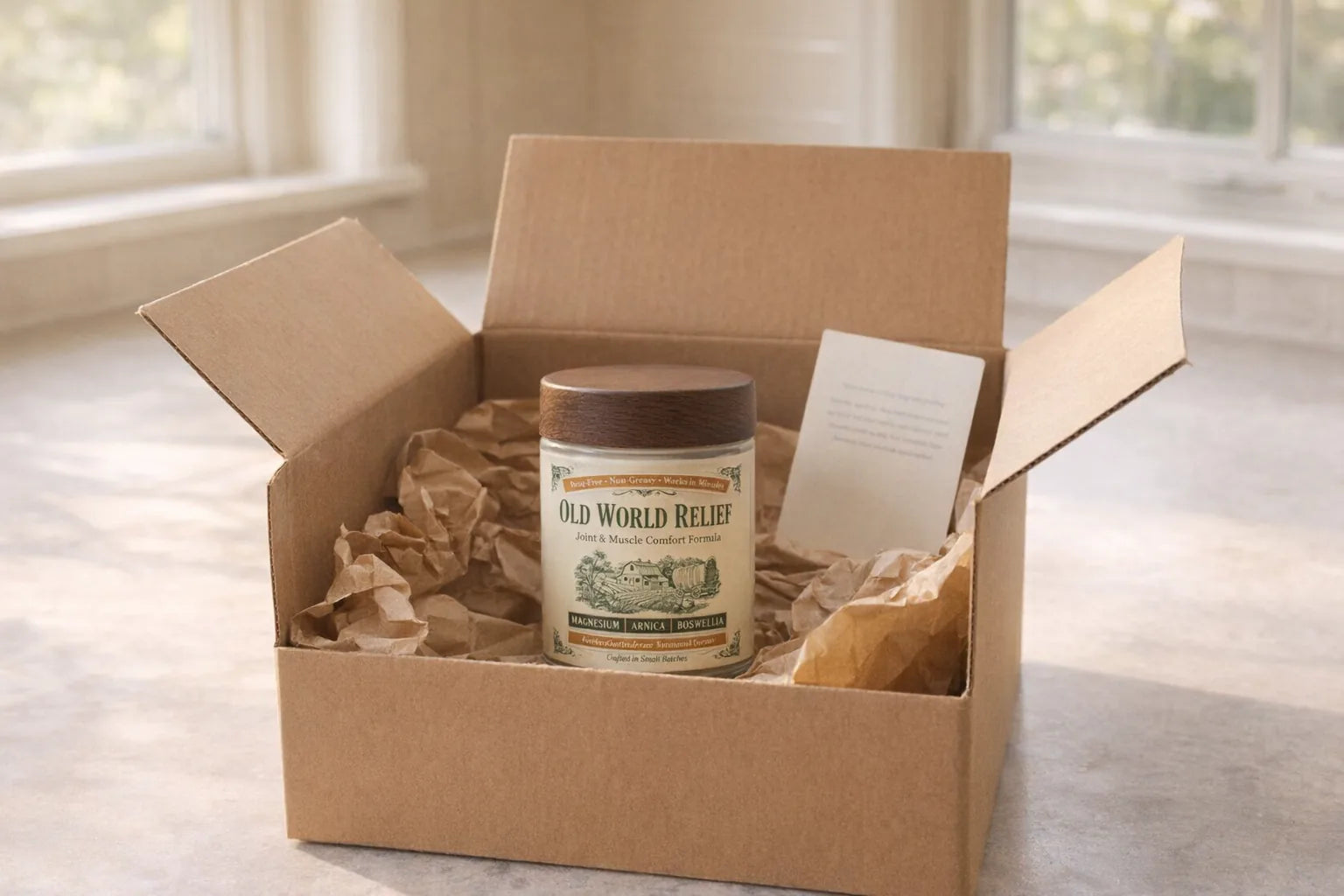 A kraft shipping box open on a kitchen counter with the jar and an instruction card inside