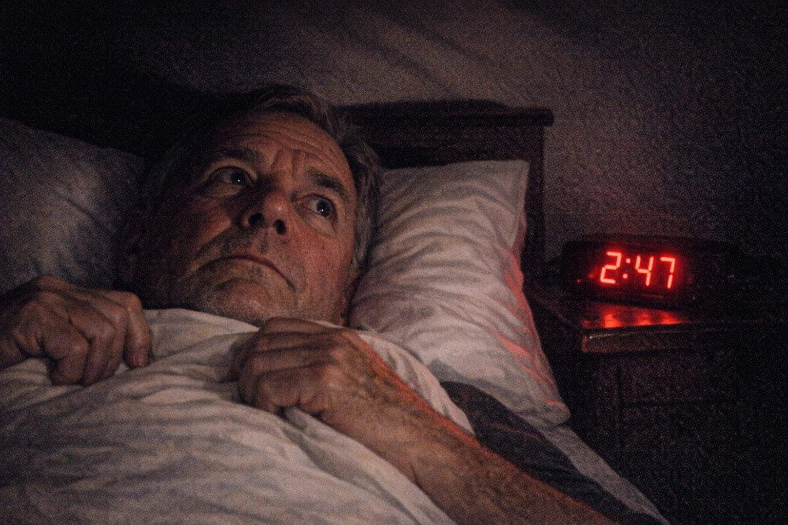 Person in their sixties lying awake in a dark bedroom, face lit by a bedside clock reading 2:47