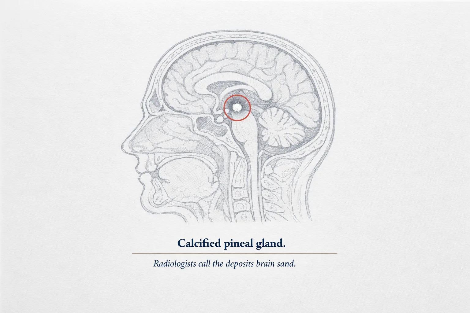 Editorial illustration of a brain cross-section with a bright calcified speck at the center, captioned brain sand