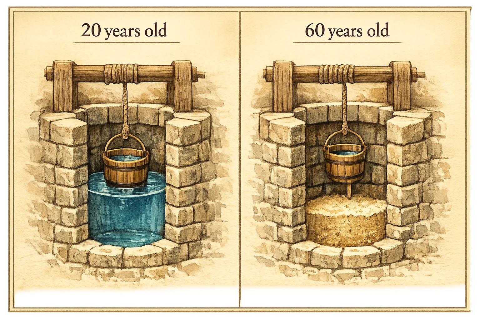 Two-panel illustration of a stone well at age 20 with a full bucket and at age 60 silted with sand and a half-empty bucket