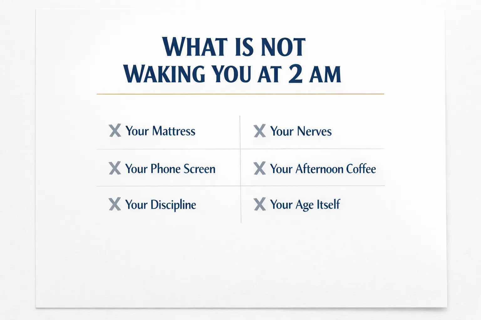 Infographic grid titled What Is Not Waking You At 2 AM listing six crossed-out culprits
