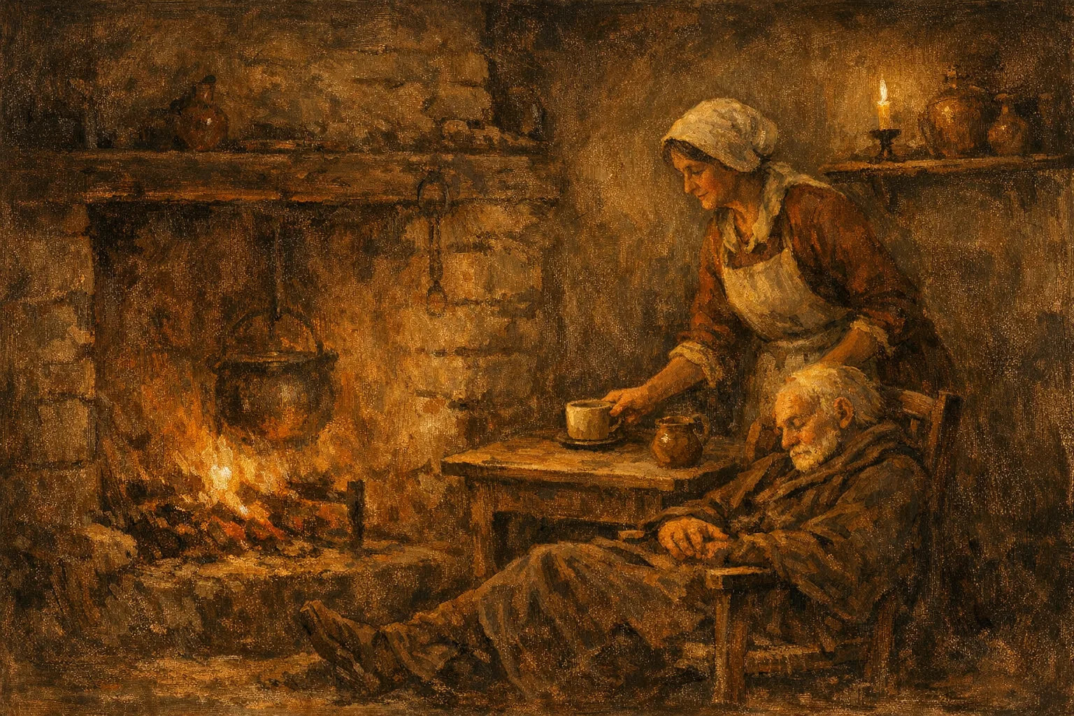 Painterly old-world scene of an elderly person asleep by a fire while a woman in an apron sets down a cup