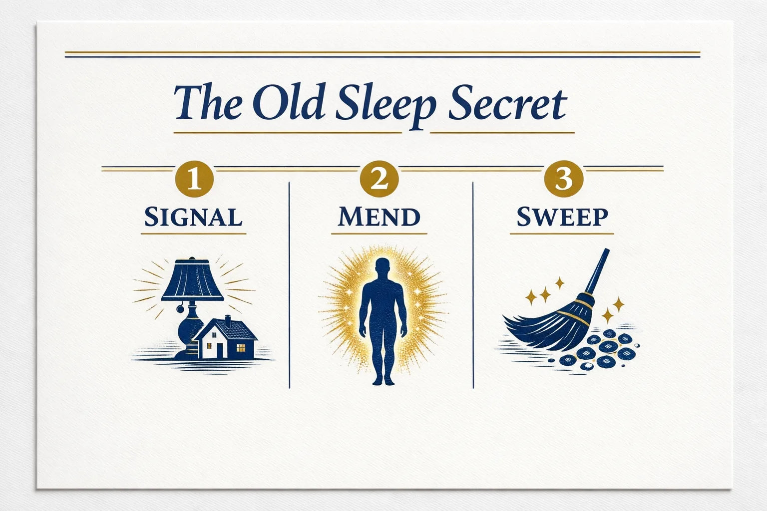 Three-step infographic titled The Old Sleep Secret with panels for signal, mend and sweep