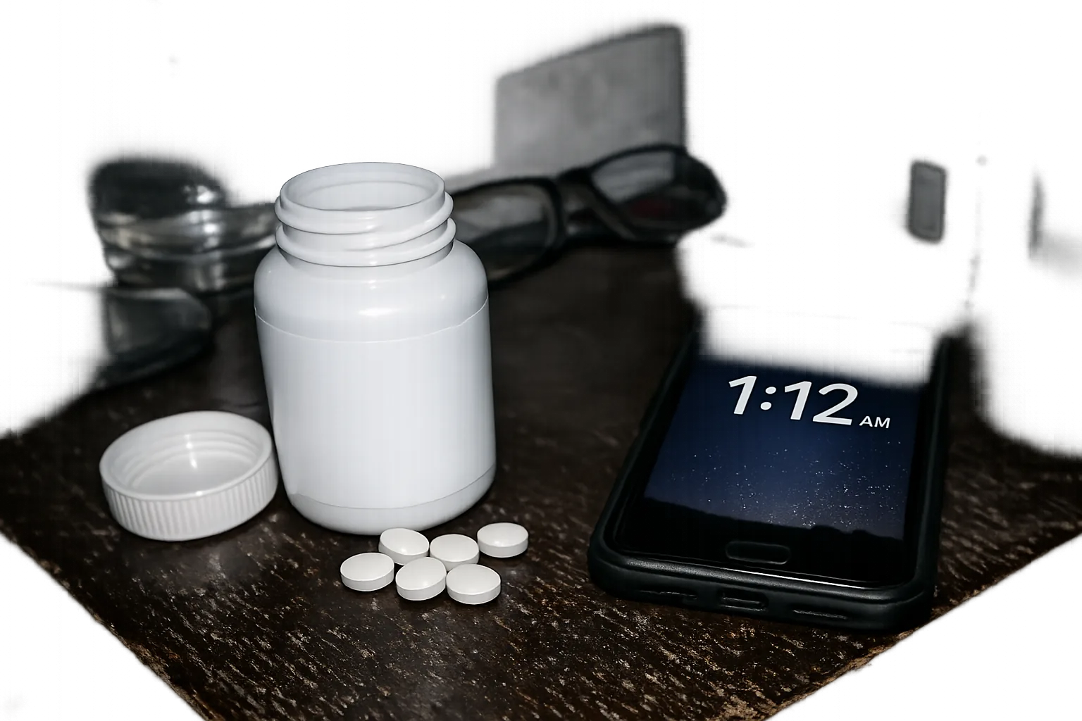 Generic white drugstore supplement bottle on a nightstand at night beside a phone showing 1:12 AM