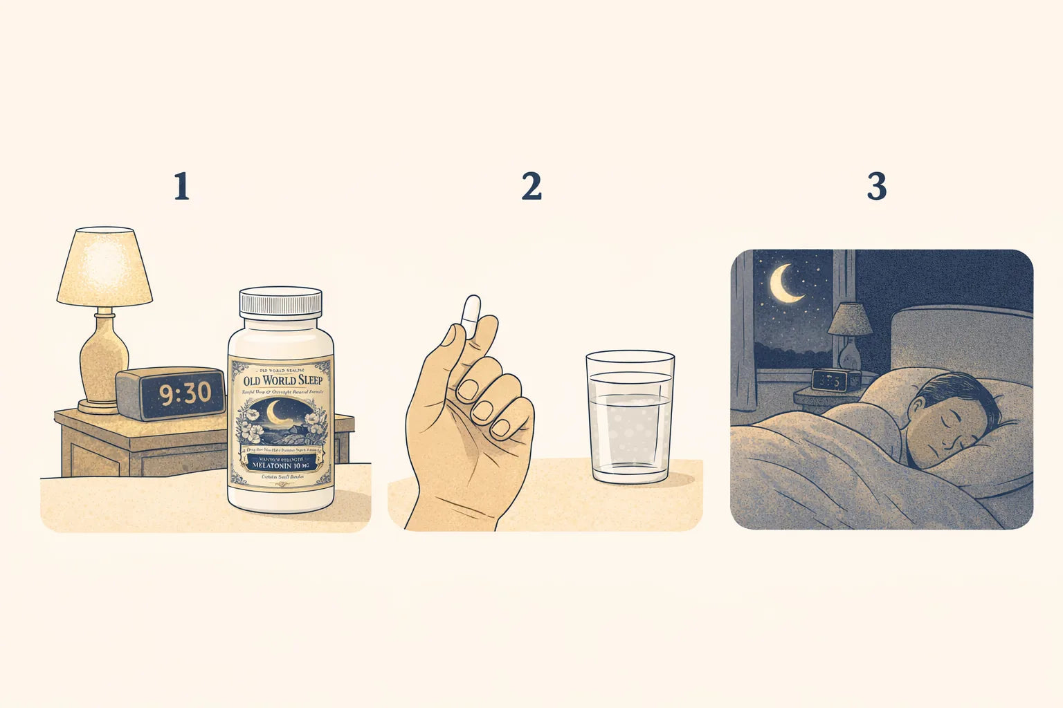 Three-panel how-to illustration showing the bottle at bedtime, taking one with water, and the room dark
